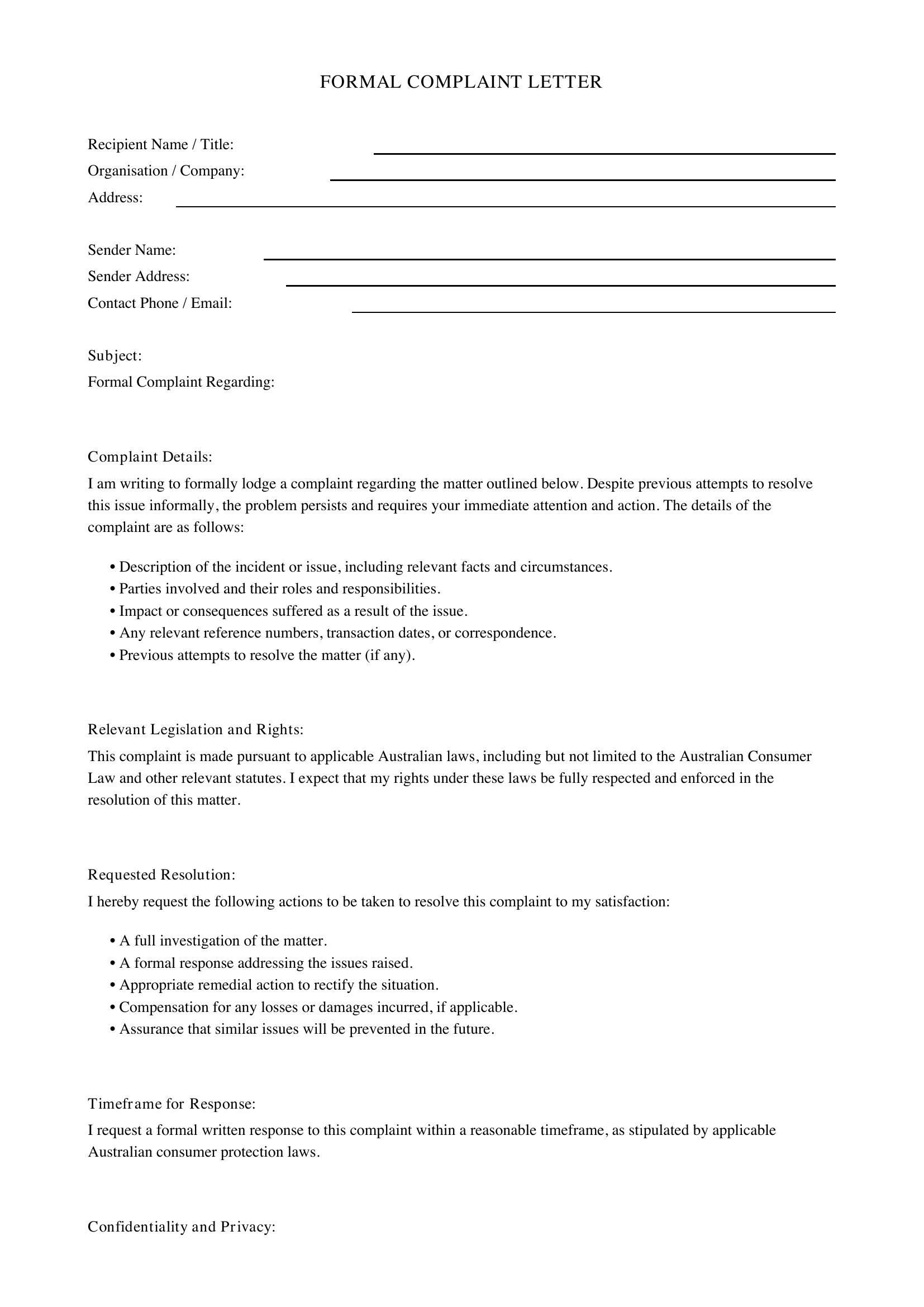 Formal Complaint Letter Template - Australia