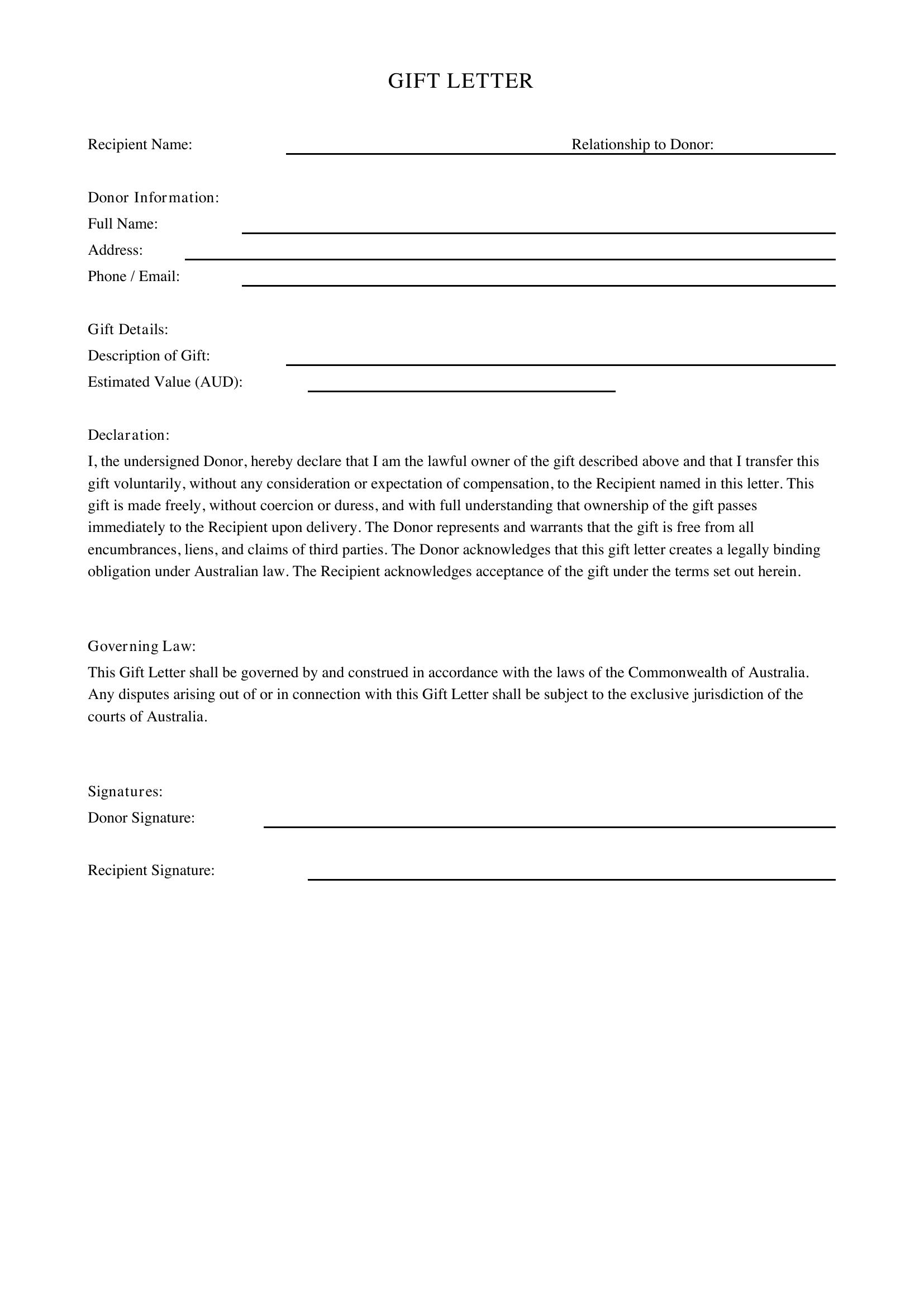 Gift Letter Template - Australia