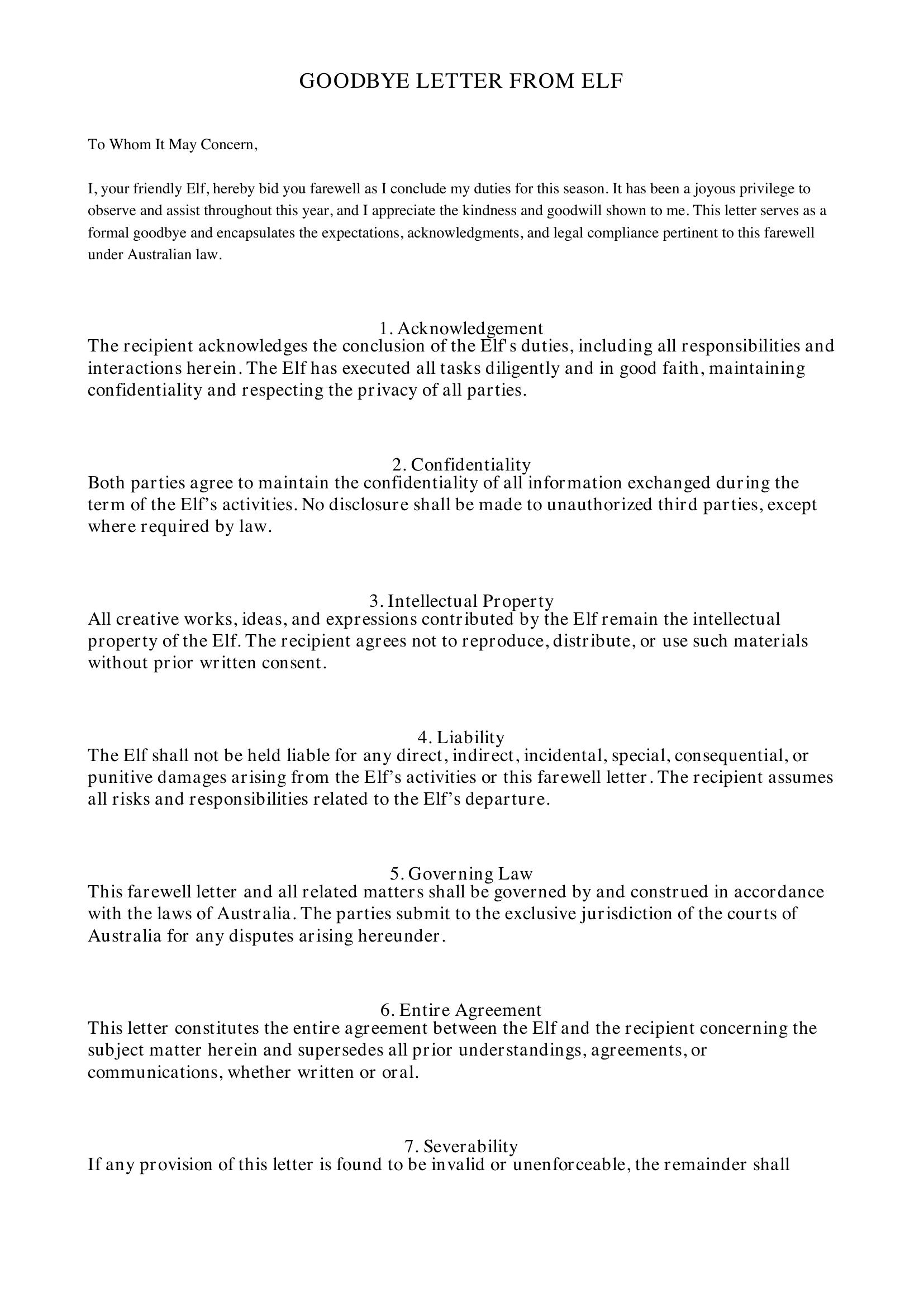 Goodbye Letter From Elf Template - Australia