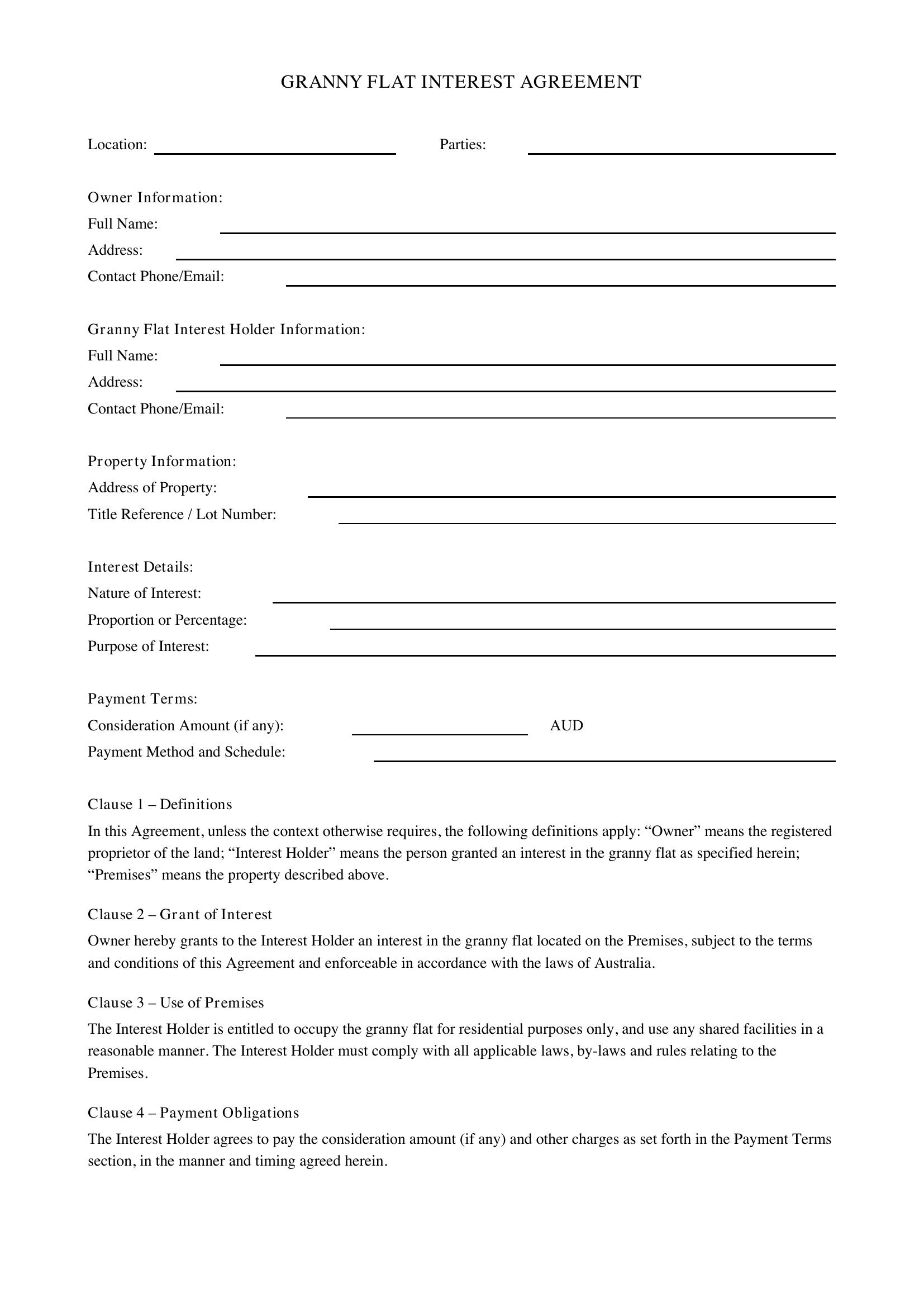 Granny Flat Interest Agreement Template - Australia