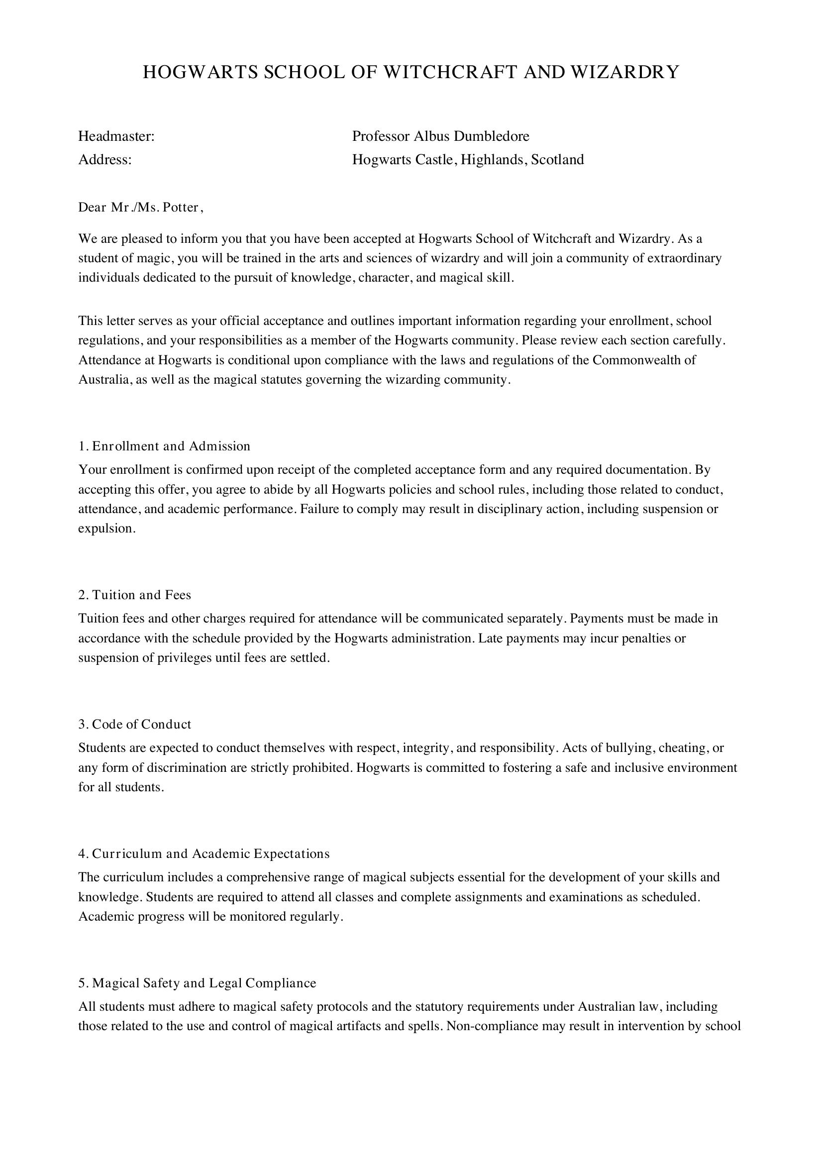 Harry Potter Acceptance Letter Template - Australia