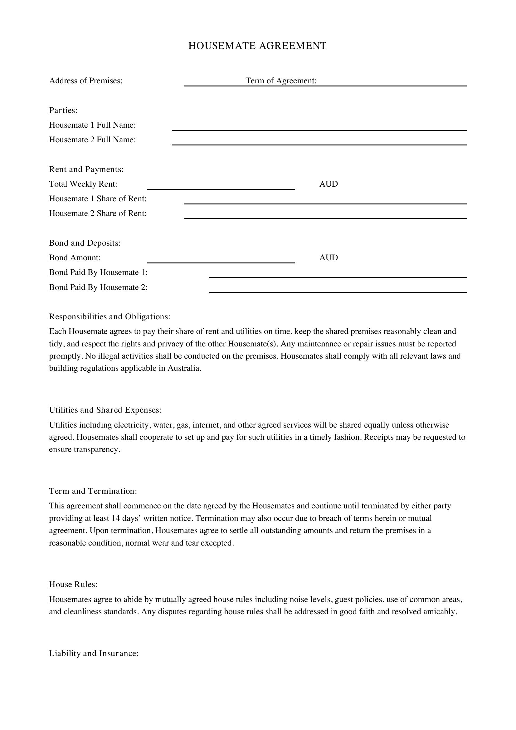 Housemate Agreement Template - Australia