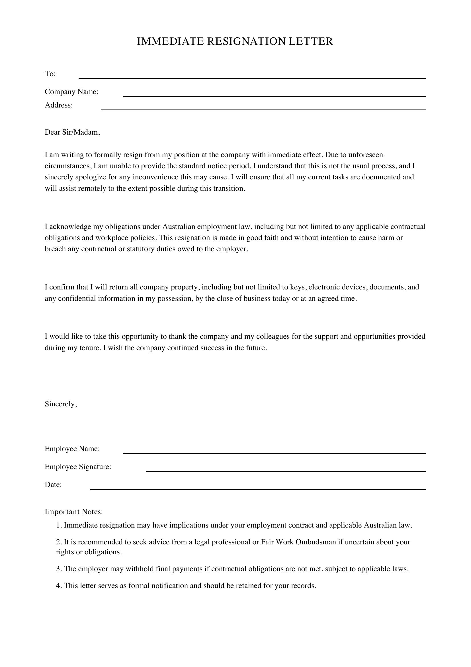 Immediate Resignation Letter Template - Australia