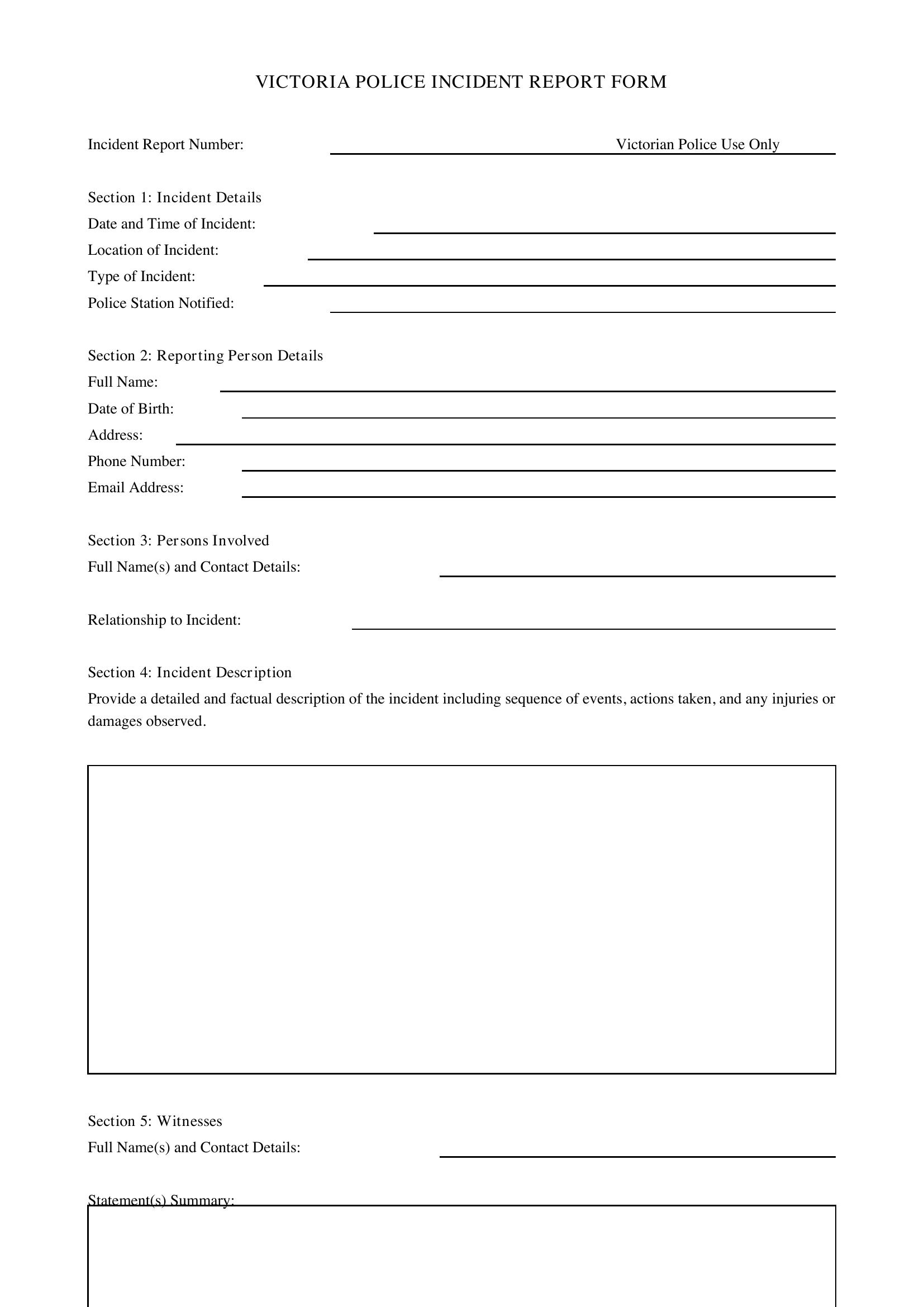 Incident Report Form Victoria Template - Australia