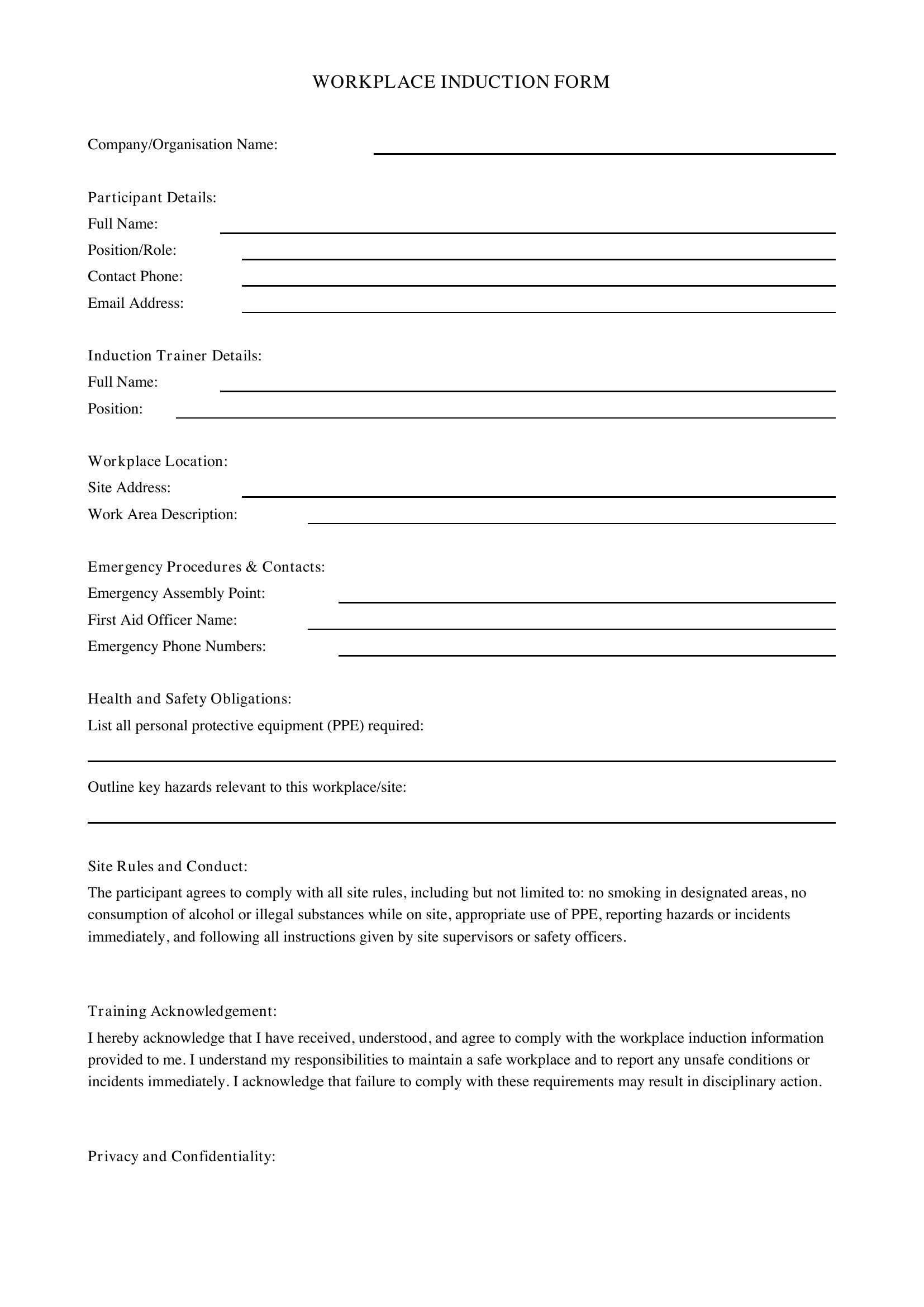 Induction Form Template - Australia