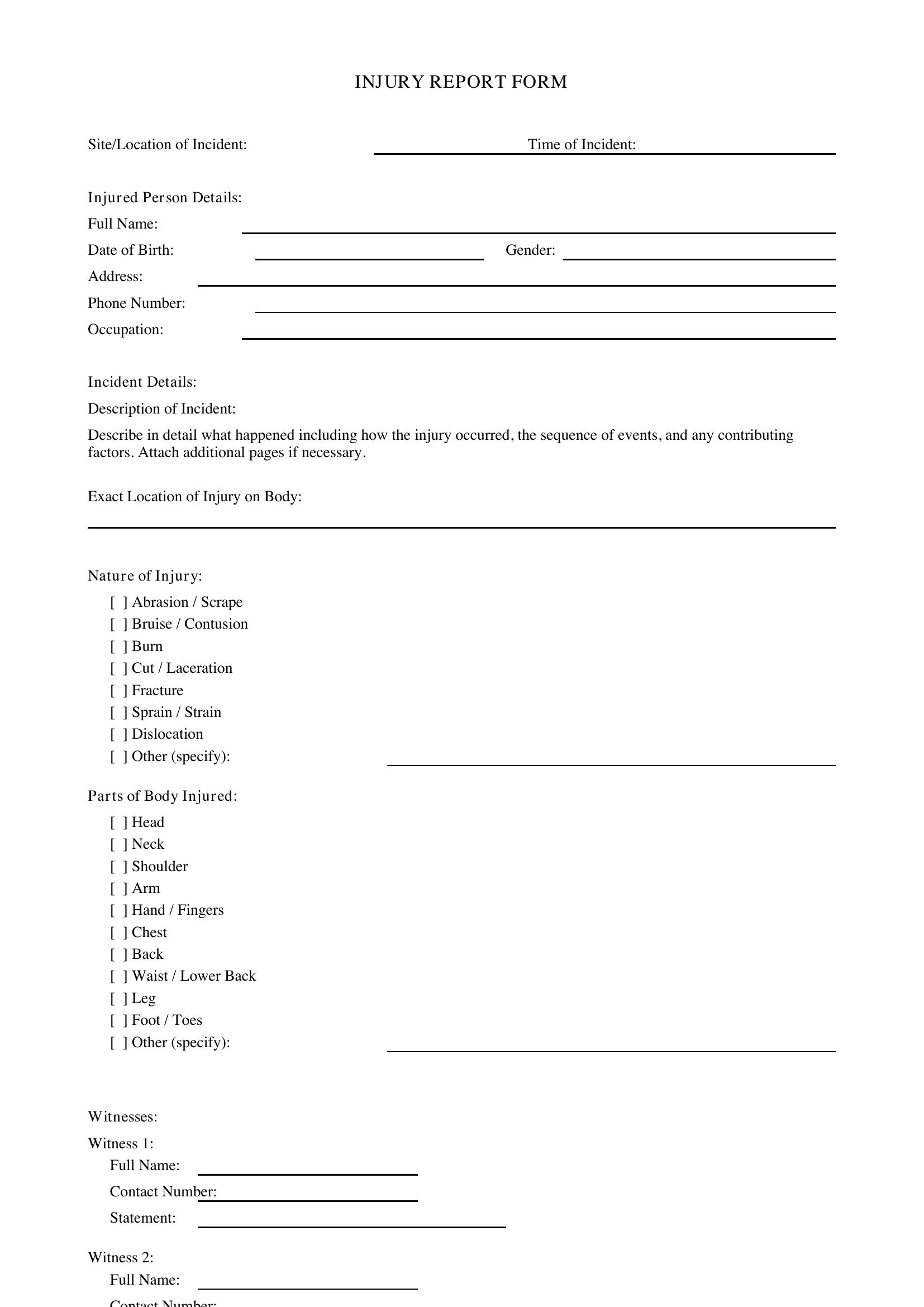 Injury Report Form Template - Australia