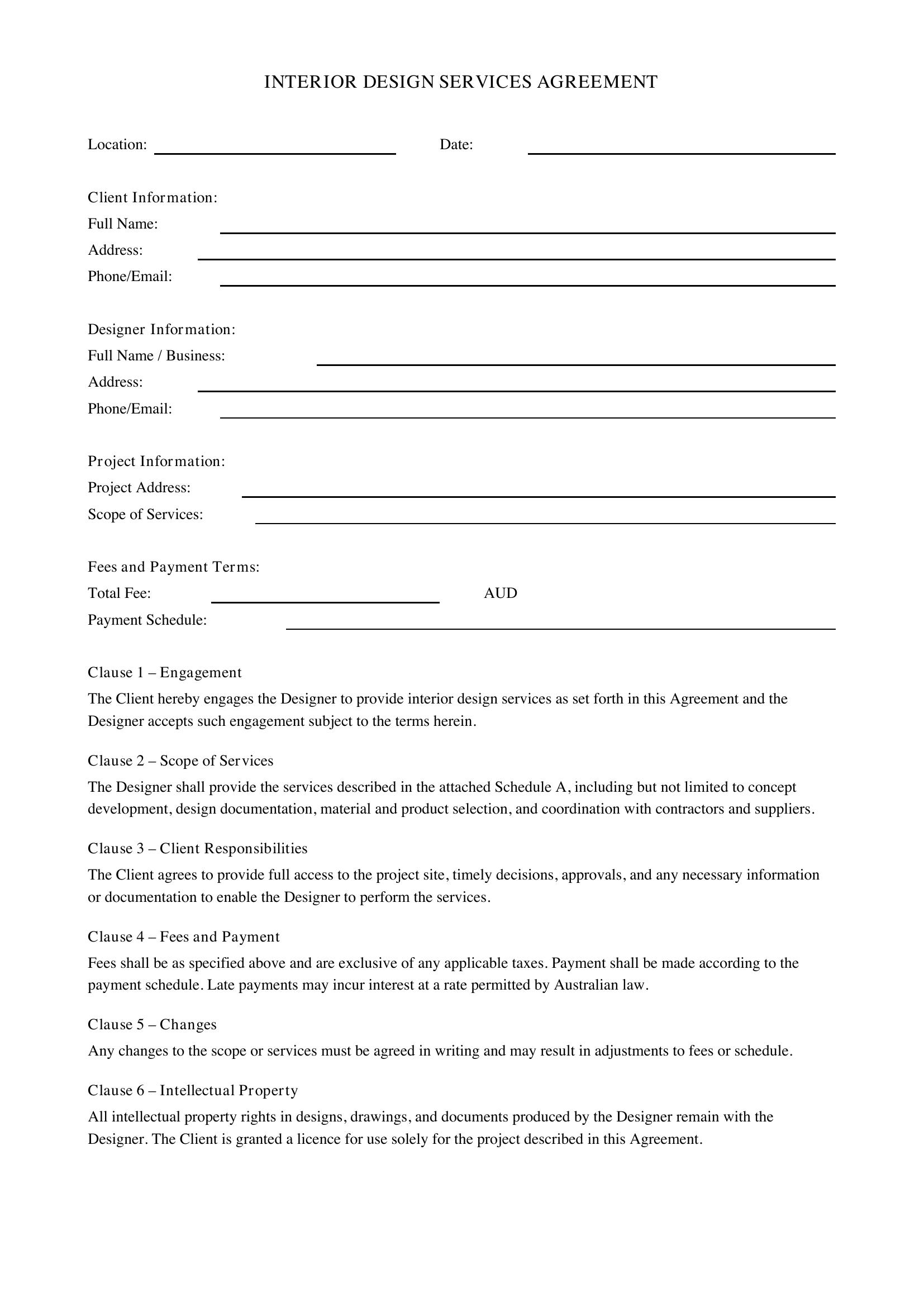 Interior Design Contract Template - Australia