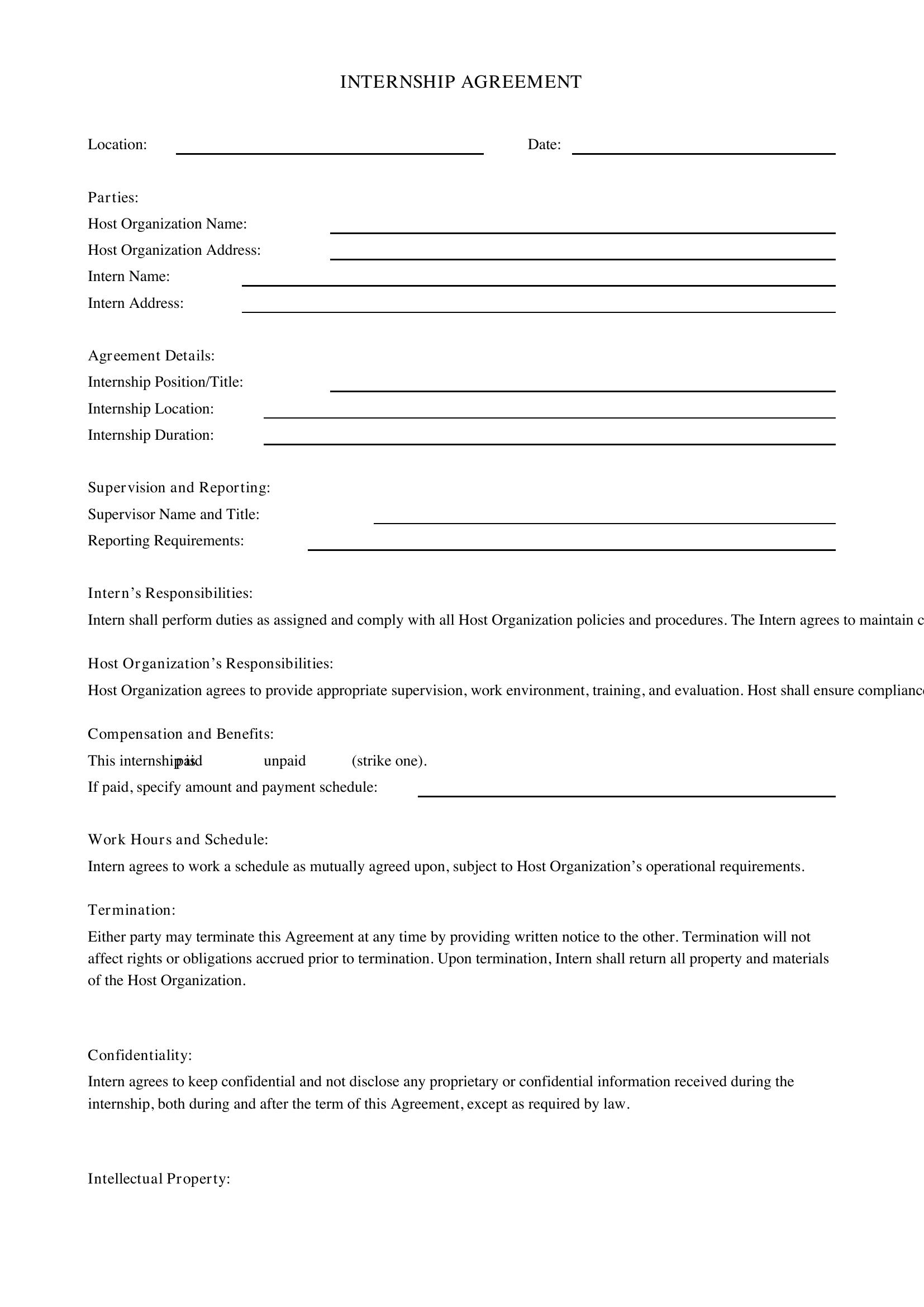 Internship Agreement Template - Australia