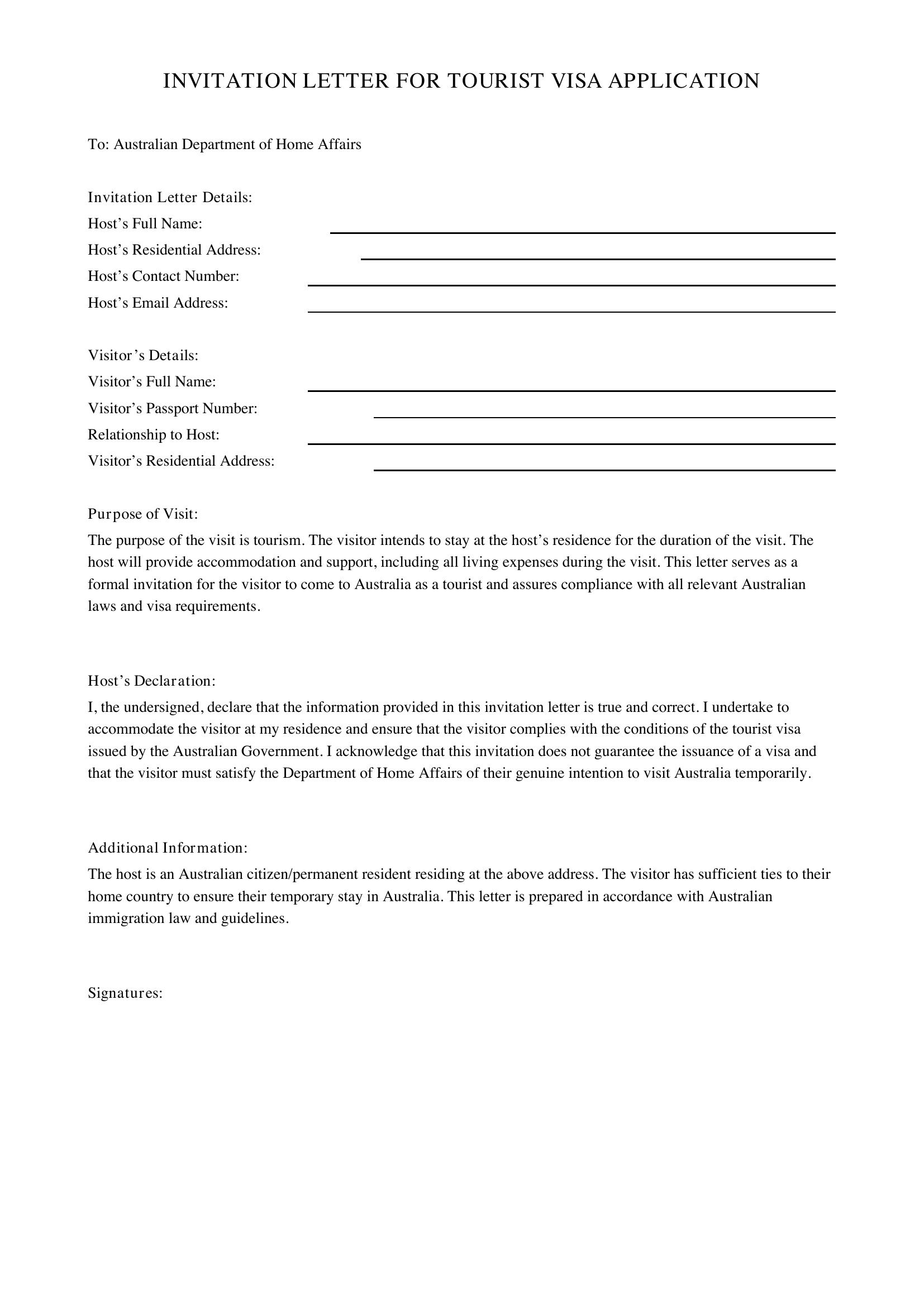 Invitation Letter For Tourist Visa Template - Australia