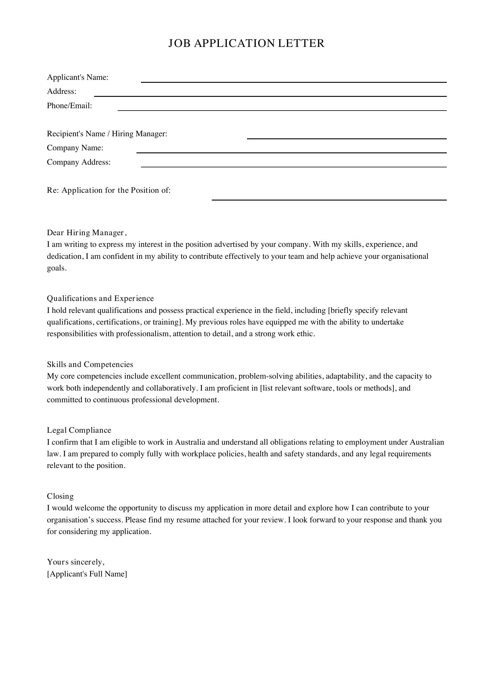 Job Application Letter Template - Australia
