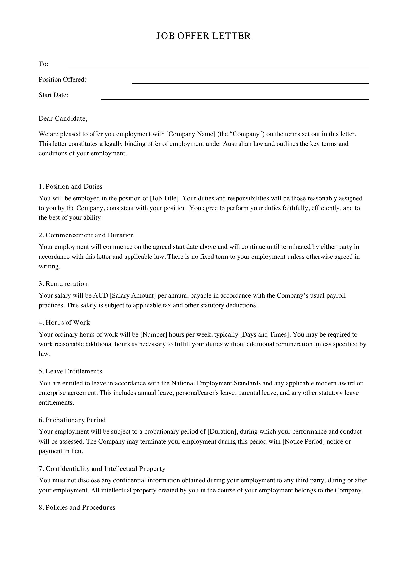 Job Offer Letter Template - Australia