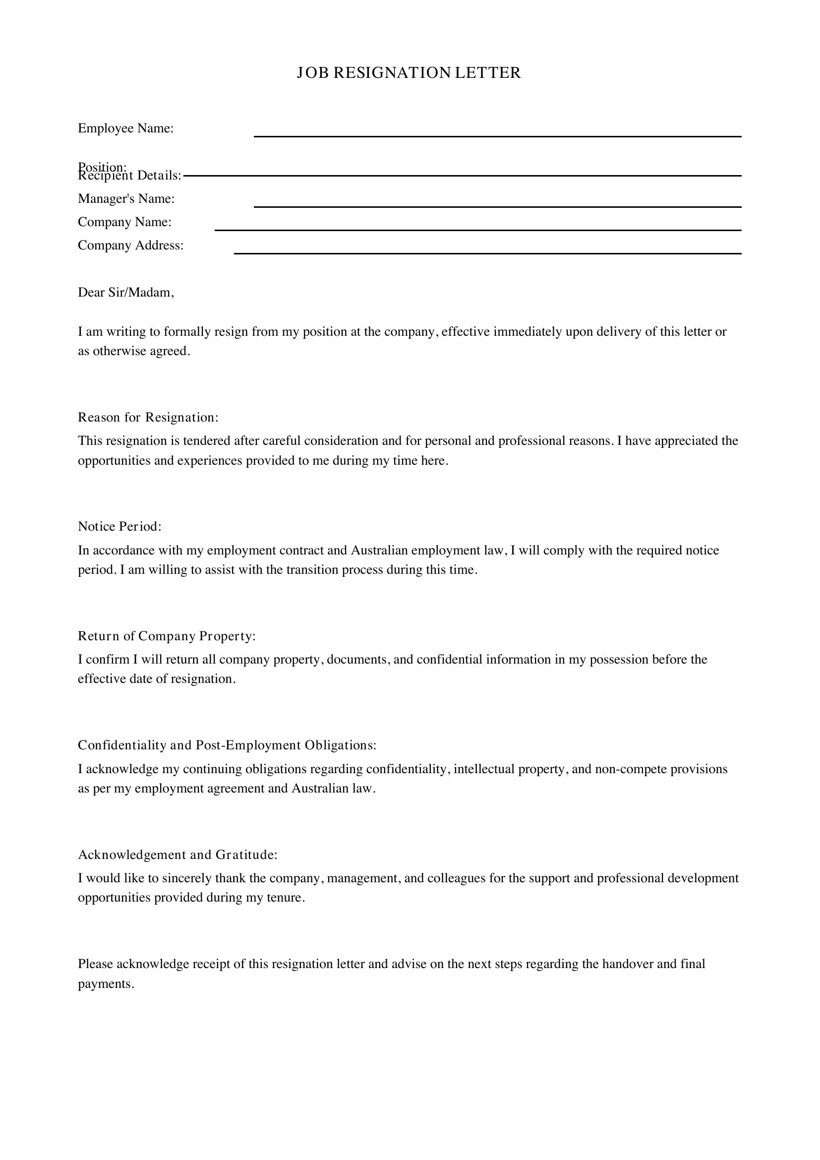 Job Resignation Letter Template - Australia