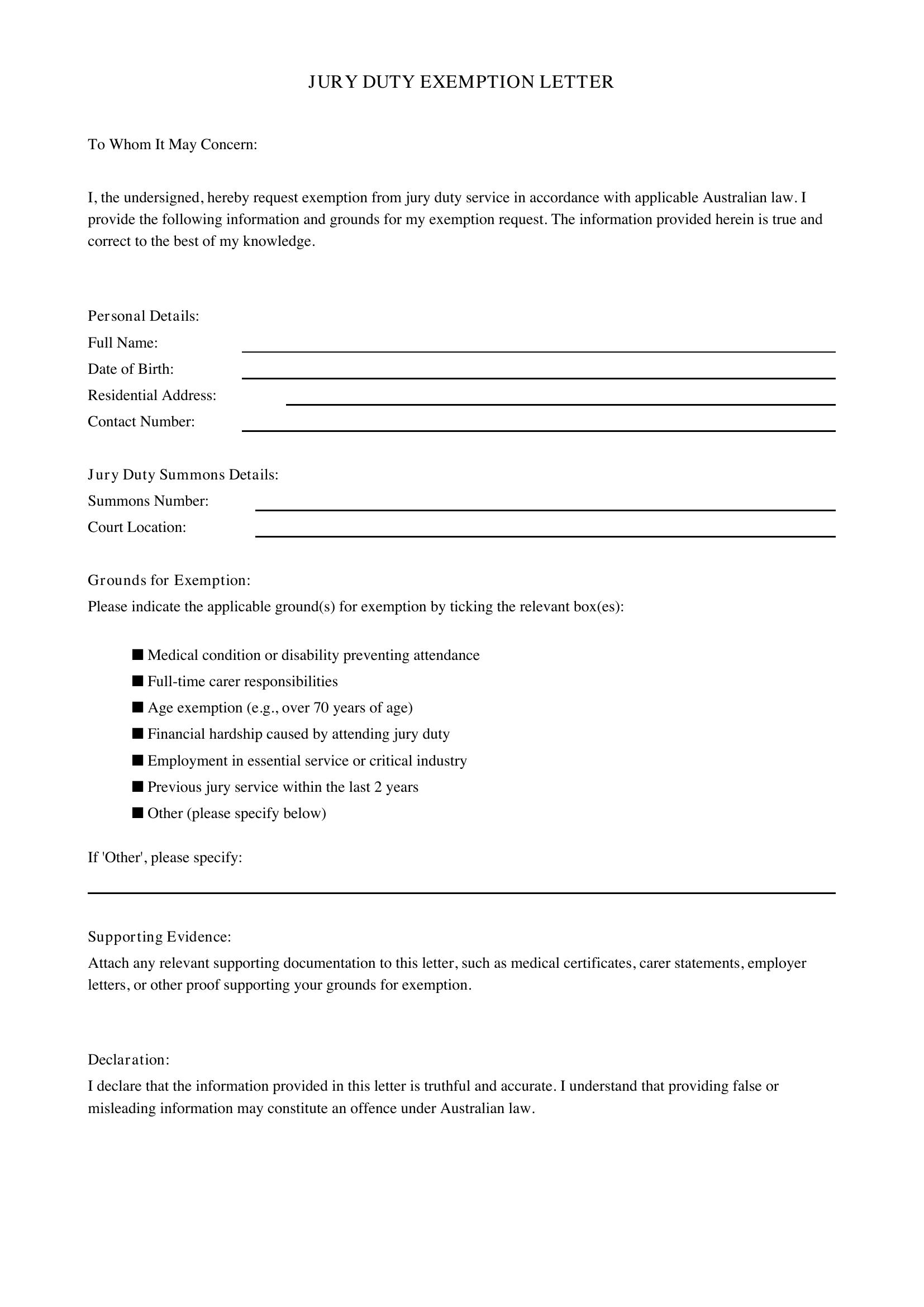 Jury Duty Exemption Letter Template - Australia