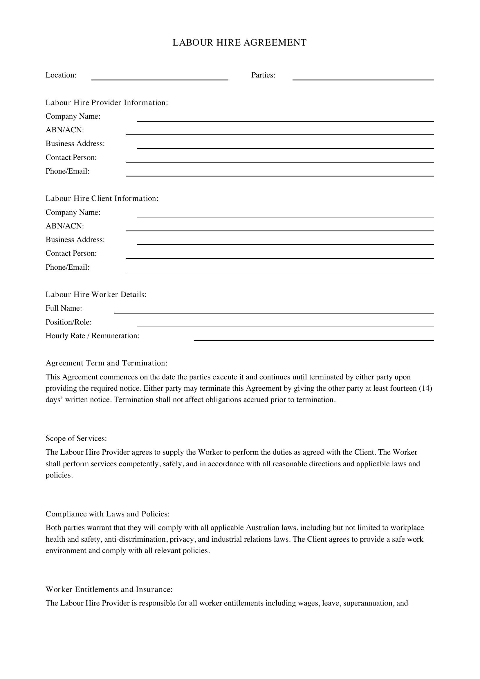 Labour Hire Agreement Template - Australia