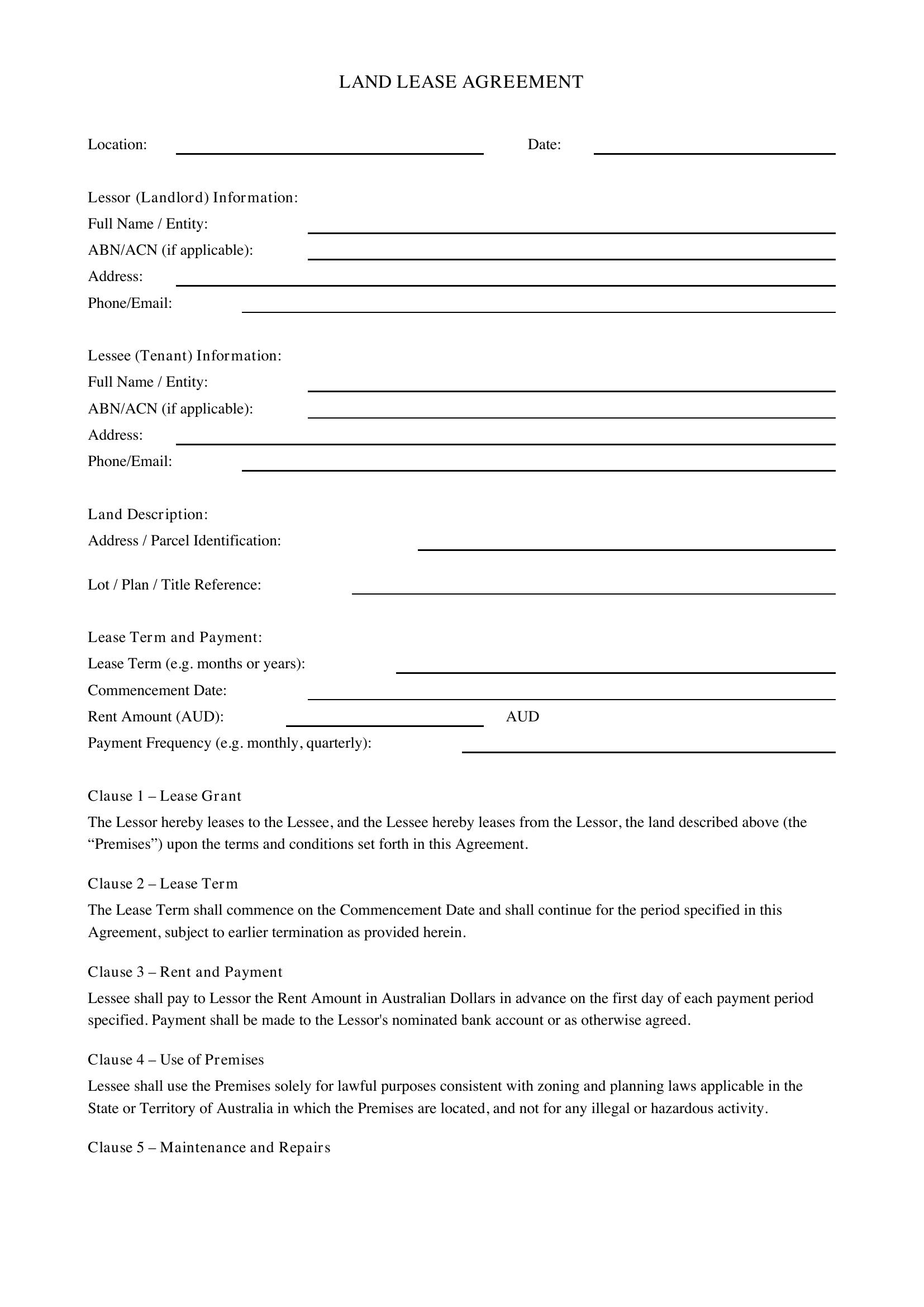 Land Lease Agreement Template - Australia