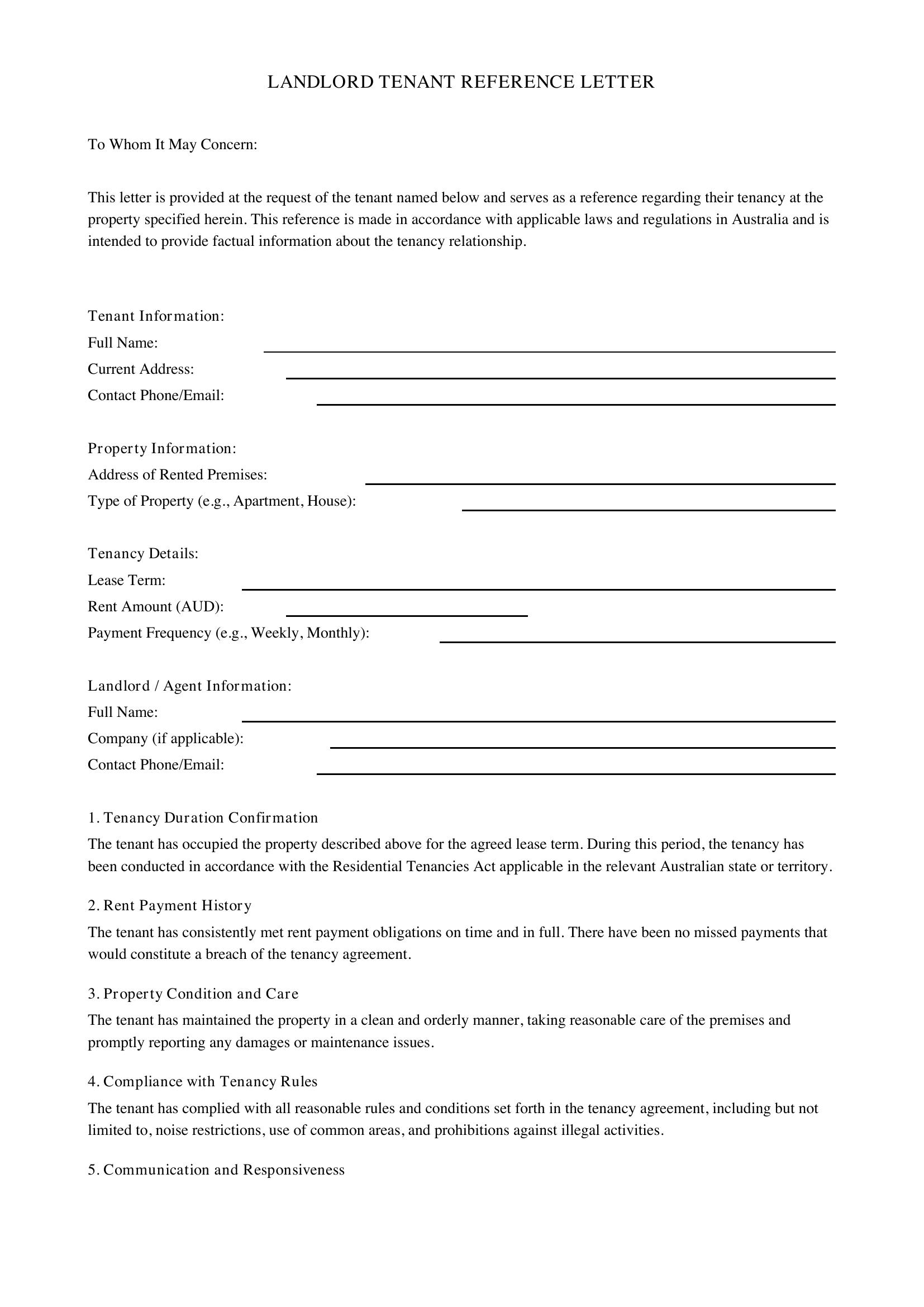 Landlord Tenant Reference Letter Template - Australia