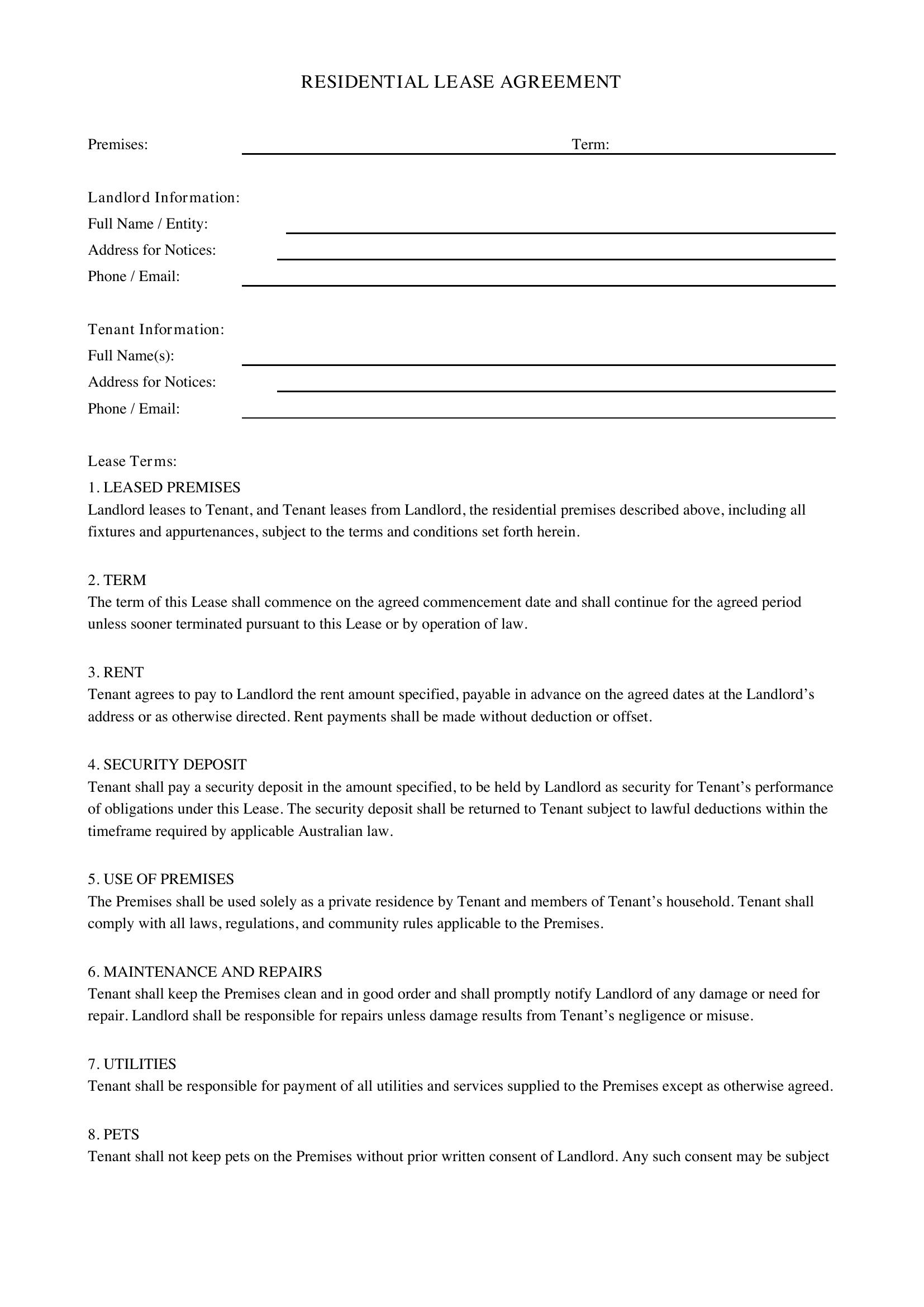 Lease Contract Template - Australia
