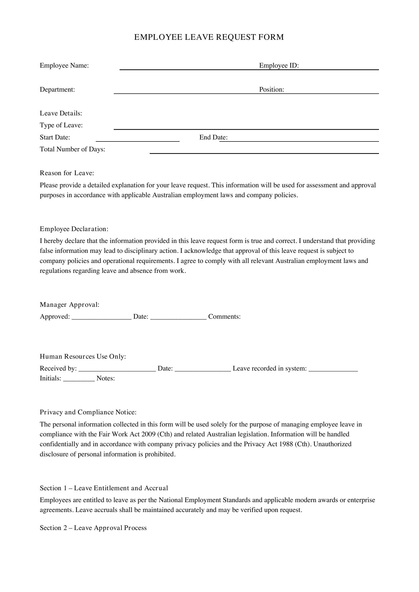 Leave Form Template - Australia
