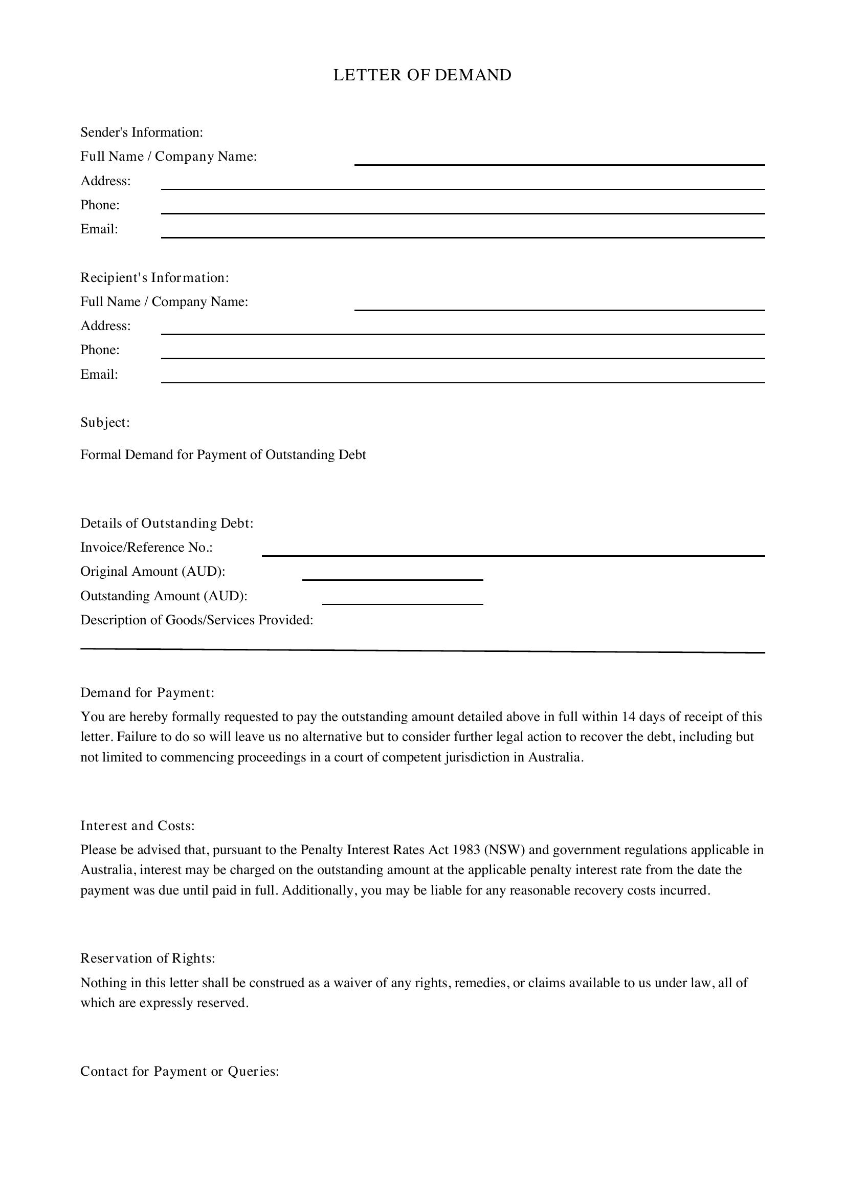 Legal Letter Of Demand Template - Australia
