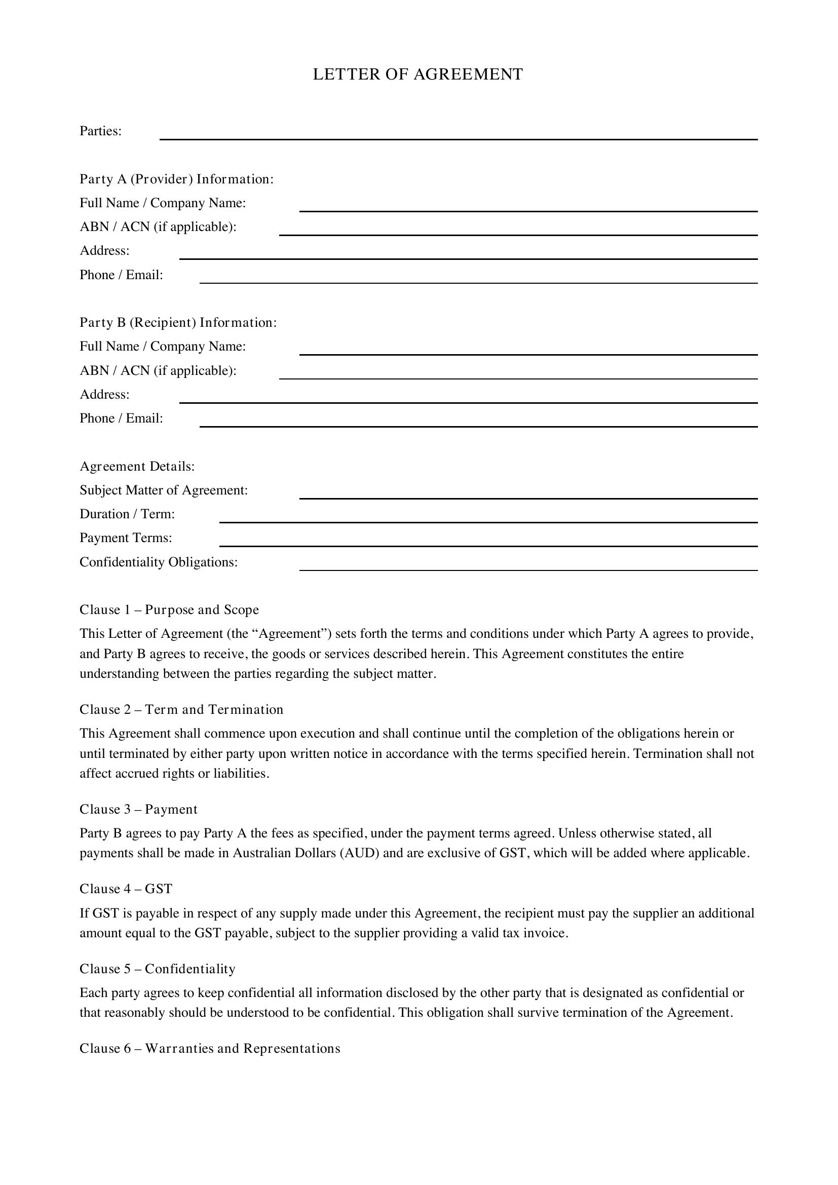 Letter Of Agreement Template - Australia