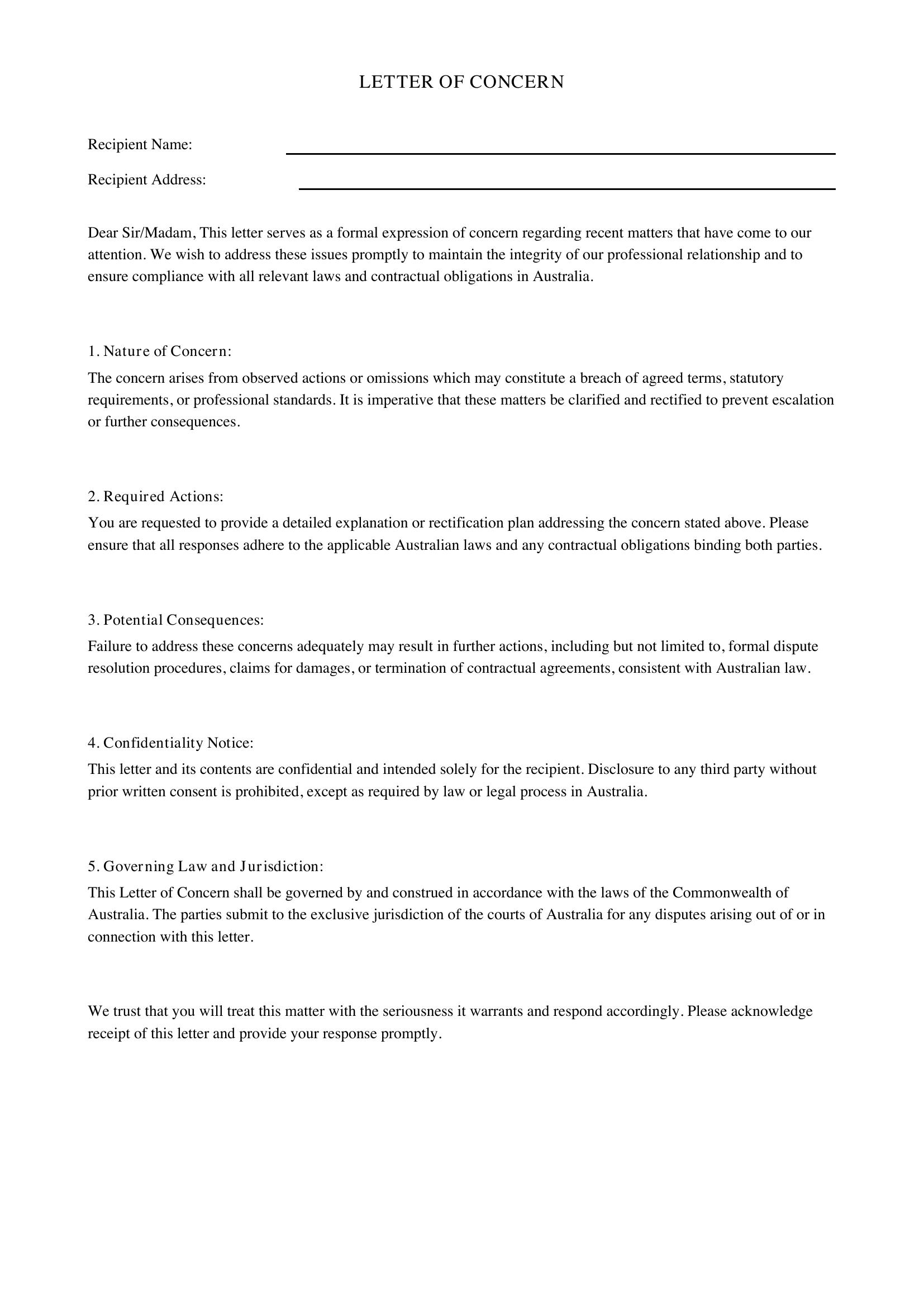 Letter Of Concern Template - Australia