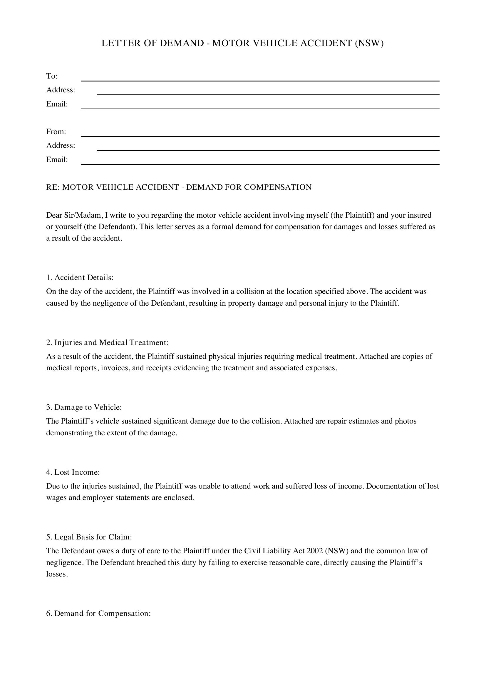 Letter Of Demand Car Accident Nsw Template - Australia