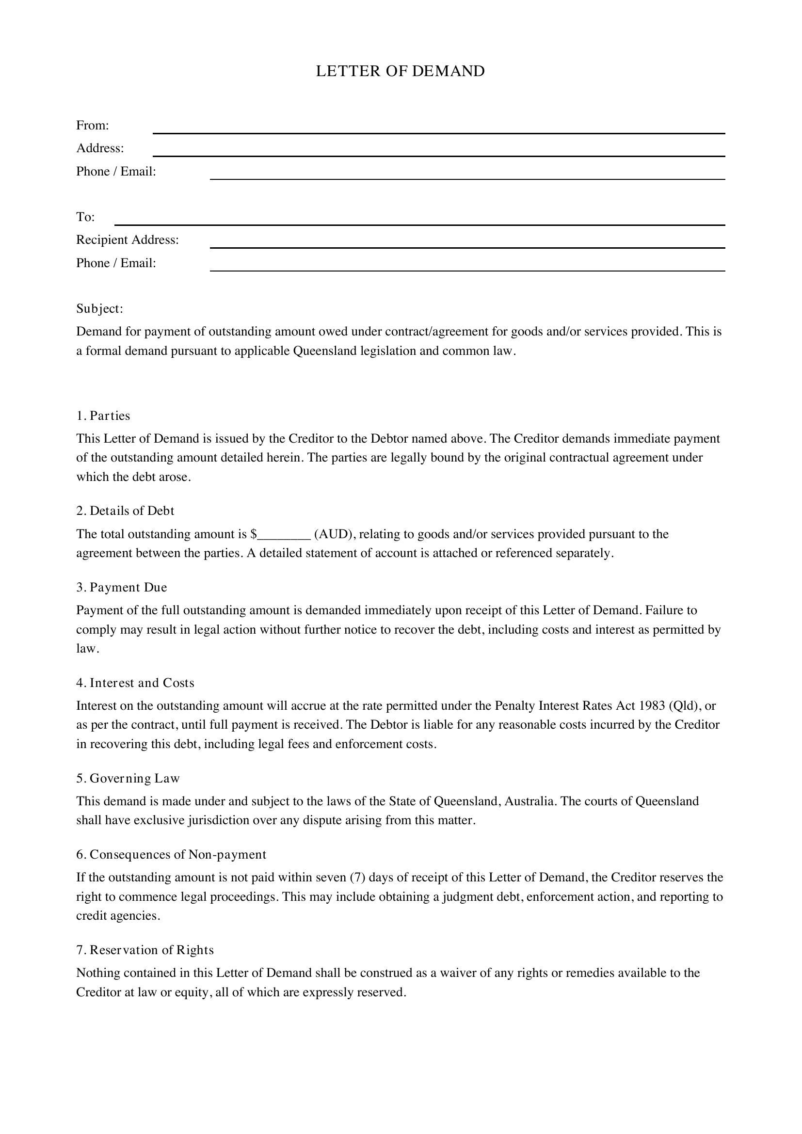 Letter Of Demand Qld Template - Australia