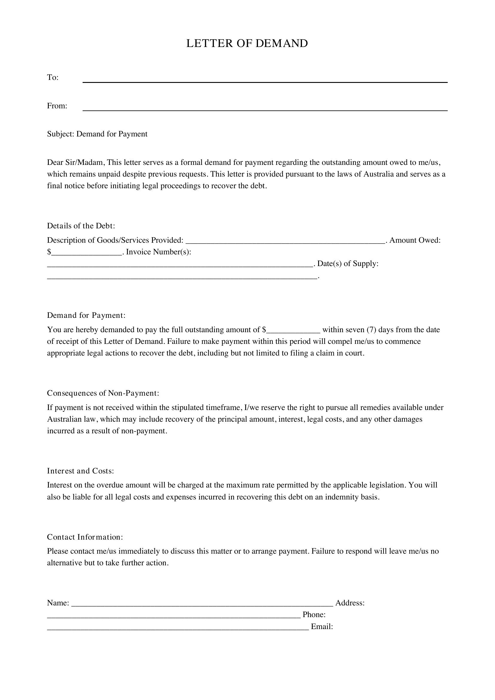 Letter Of Demand Wa Template - Australia