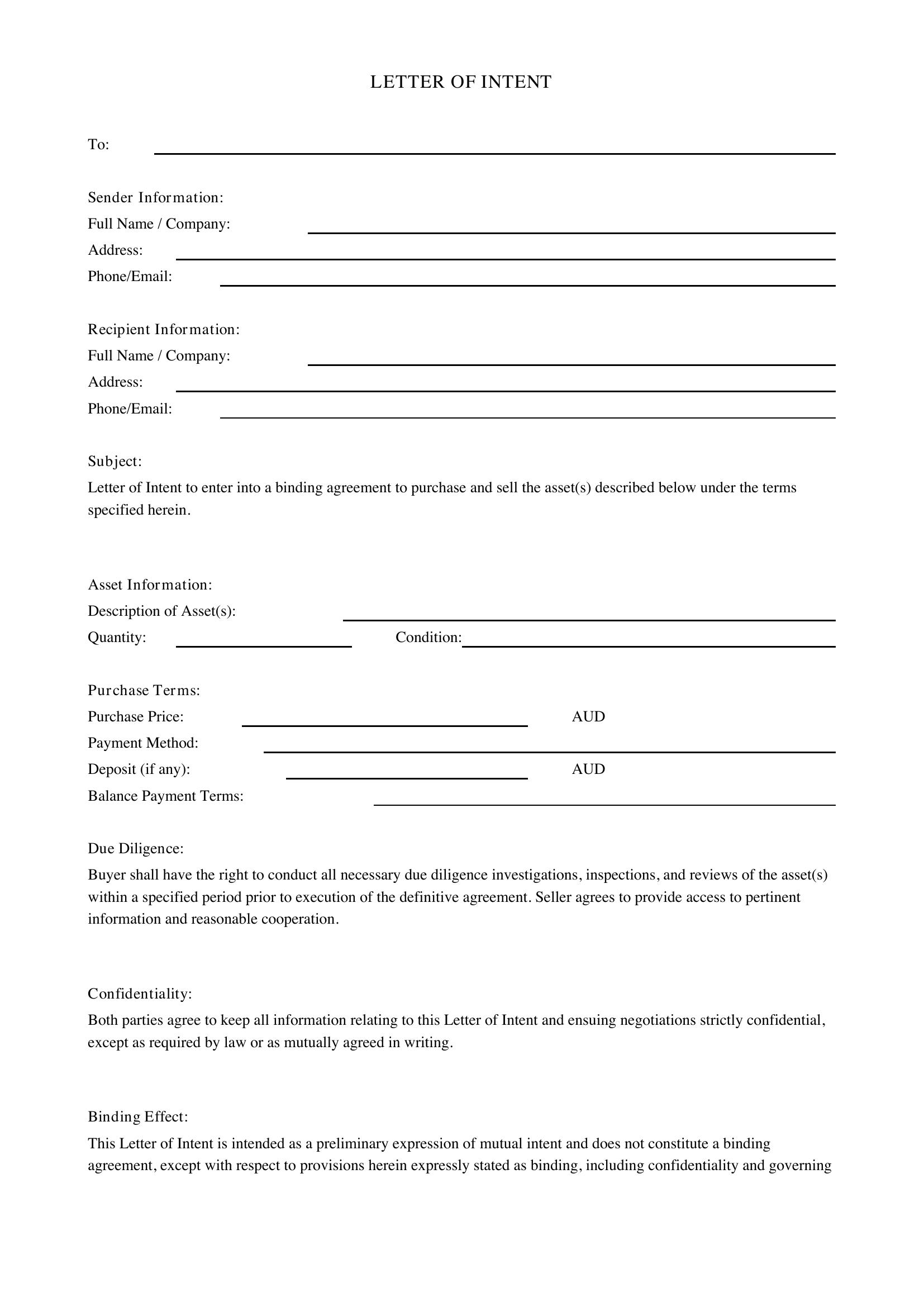Letter Of Intent Template - Australia