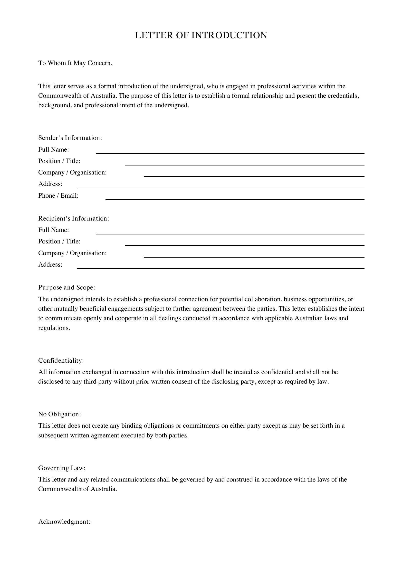 Letter Of Introduction Template - Australia