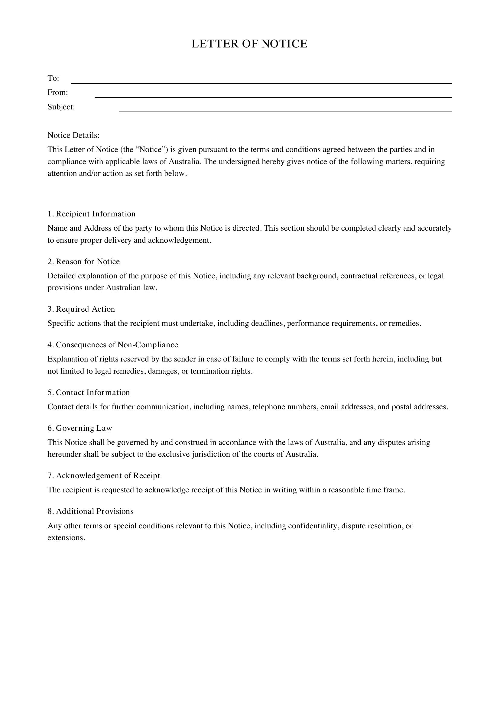 Letter Of Notice Template - Australia
