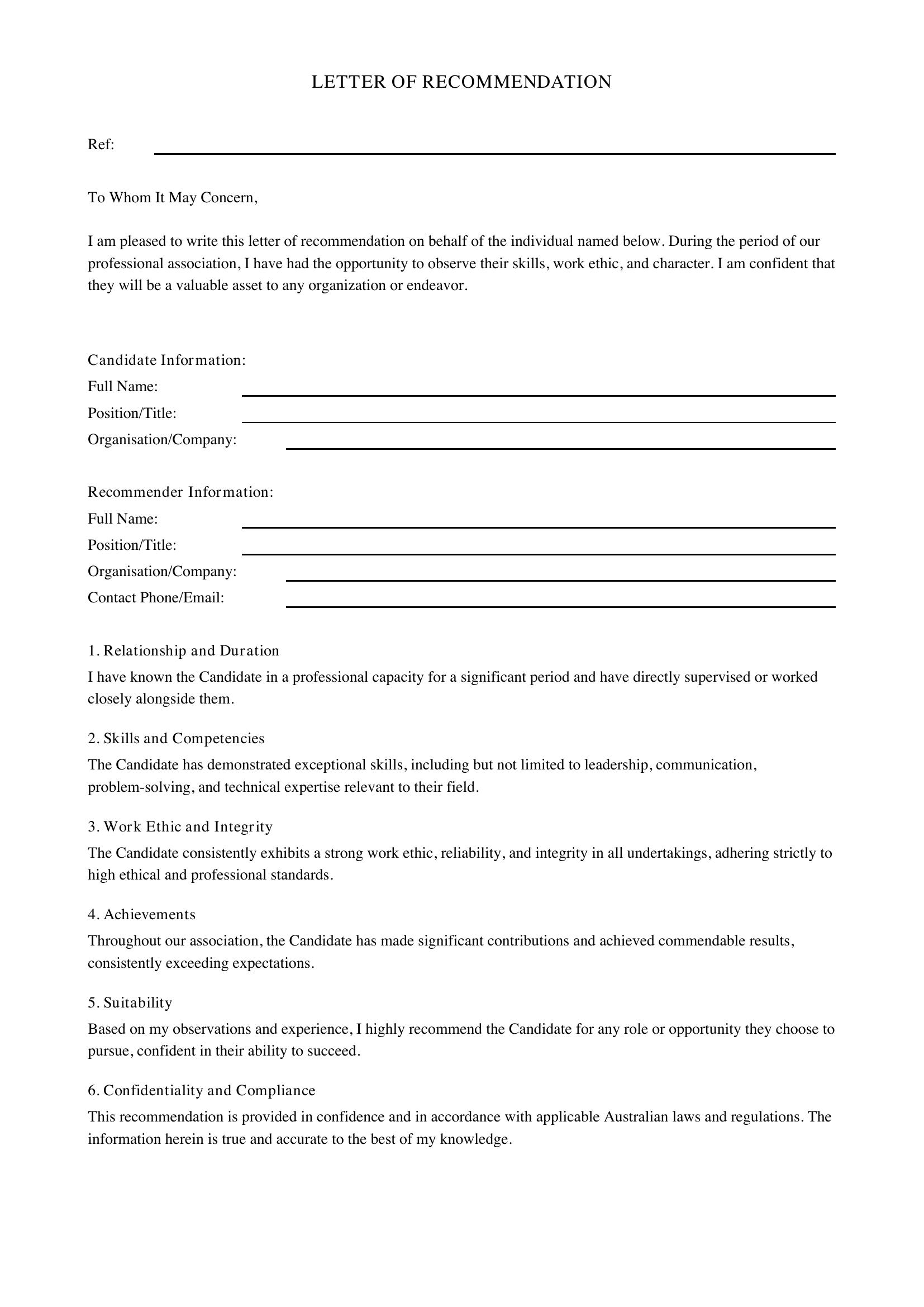 Letter Of Recommendation Template - Australia