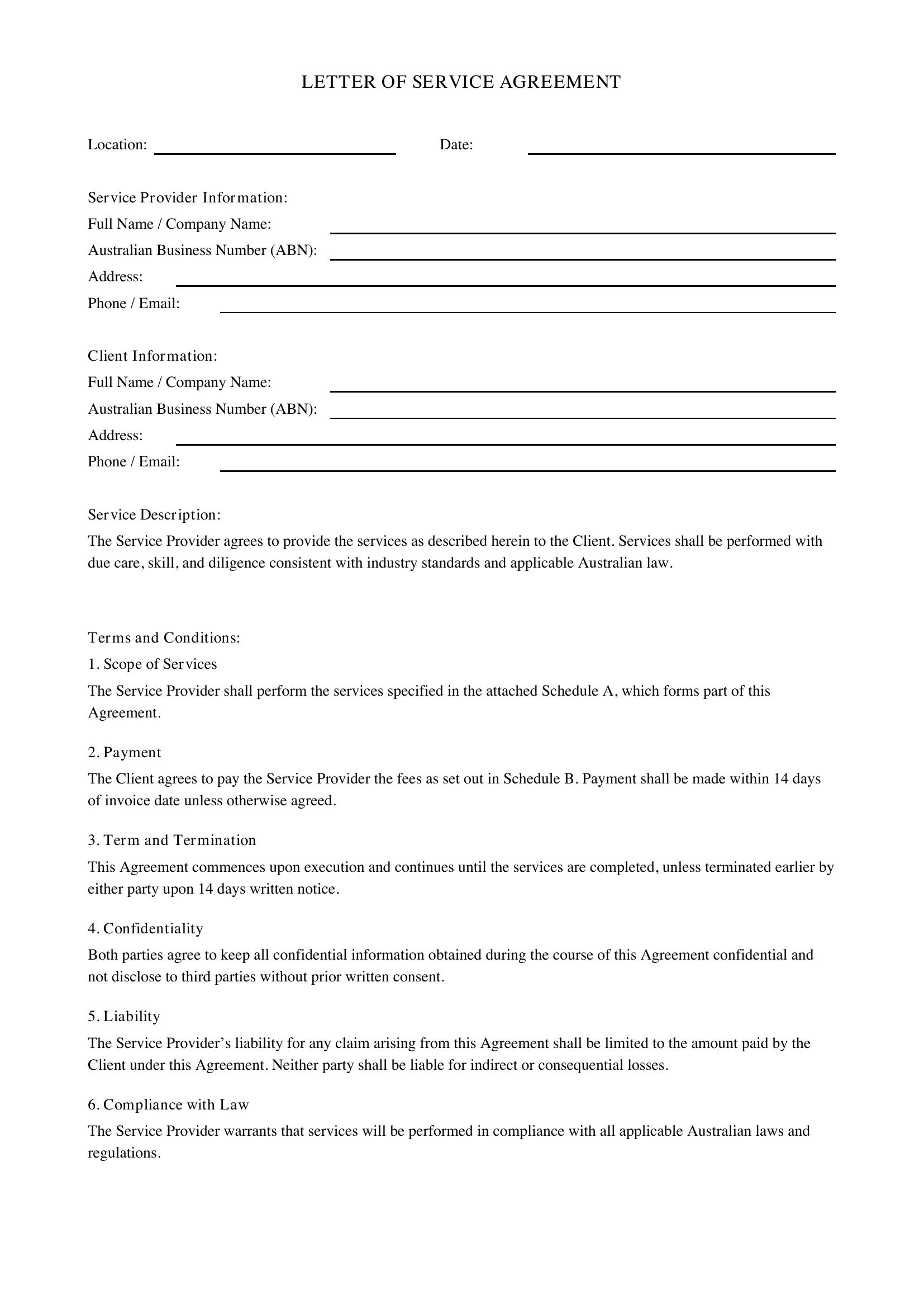 Letter Of Service Template - Australia