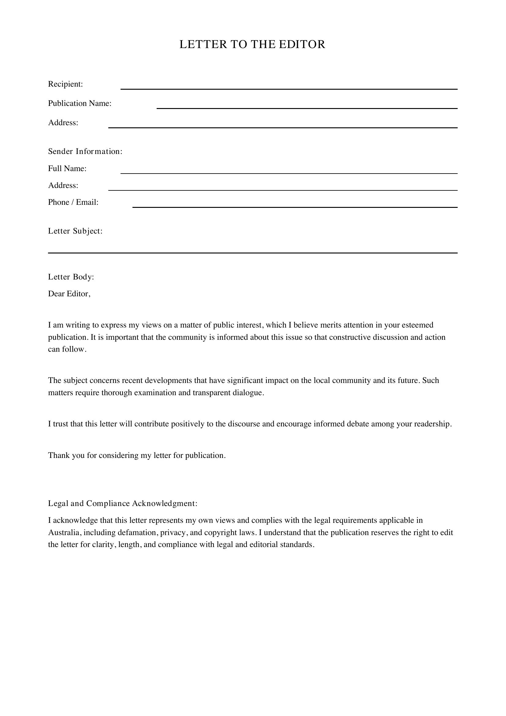 Letter To The Editor Template - Australia