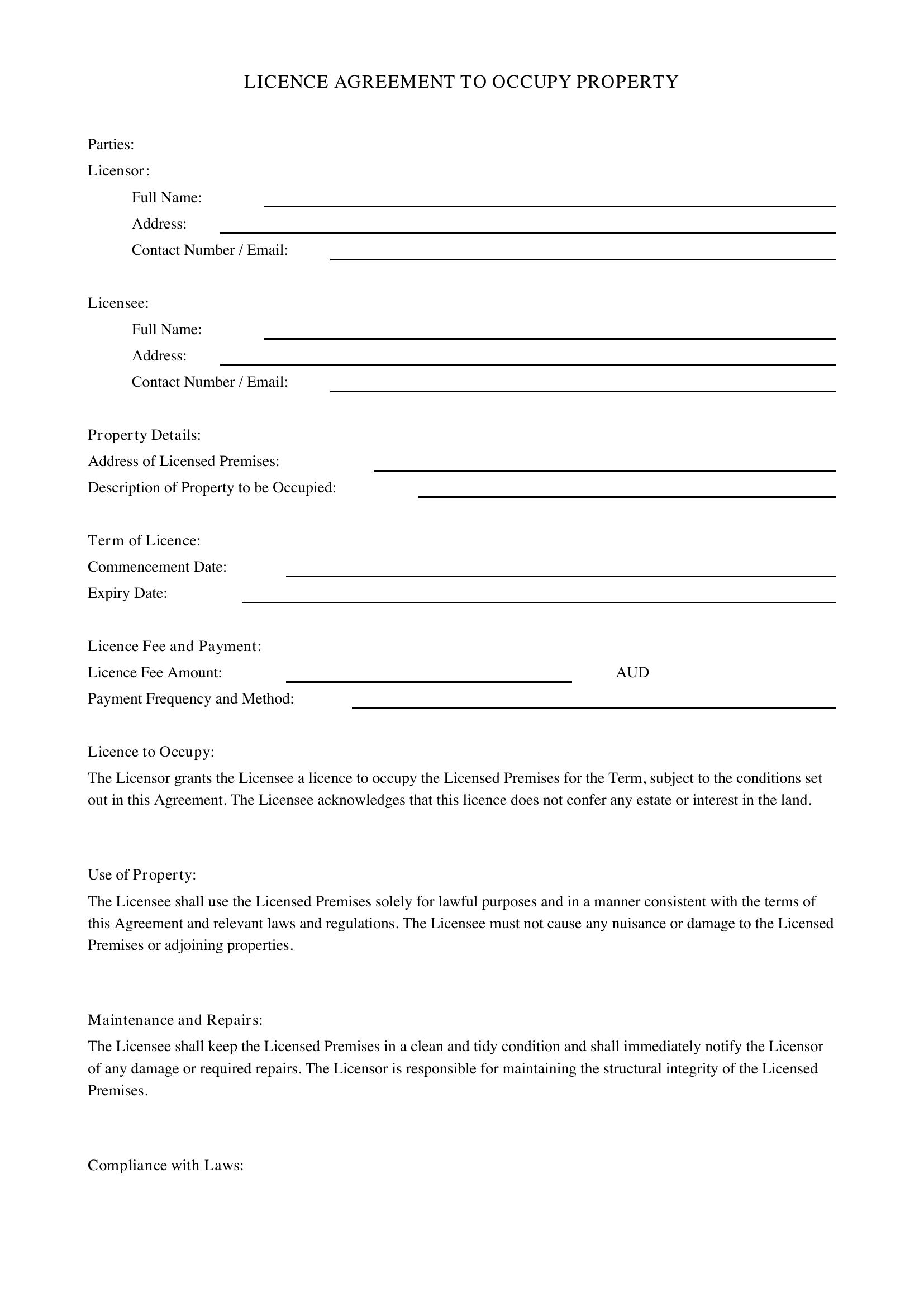 Licence Agreement To Occupy Property Template - Australia