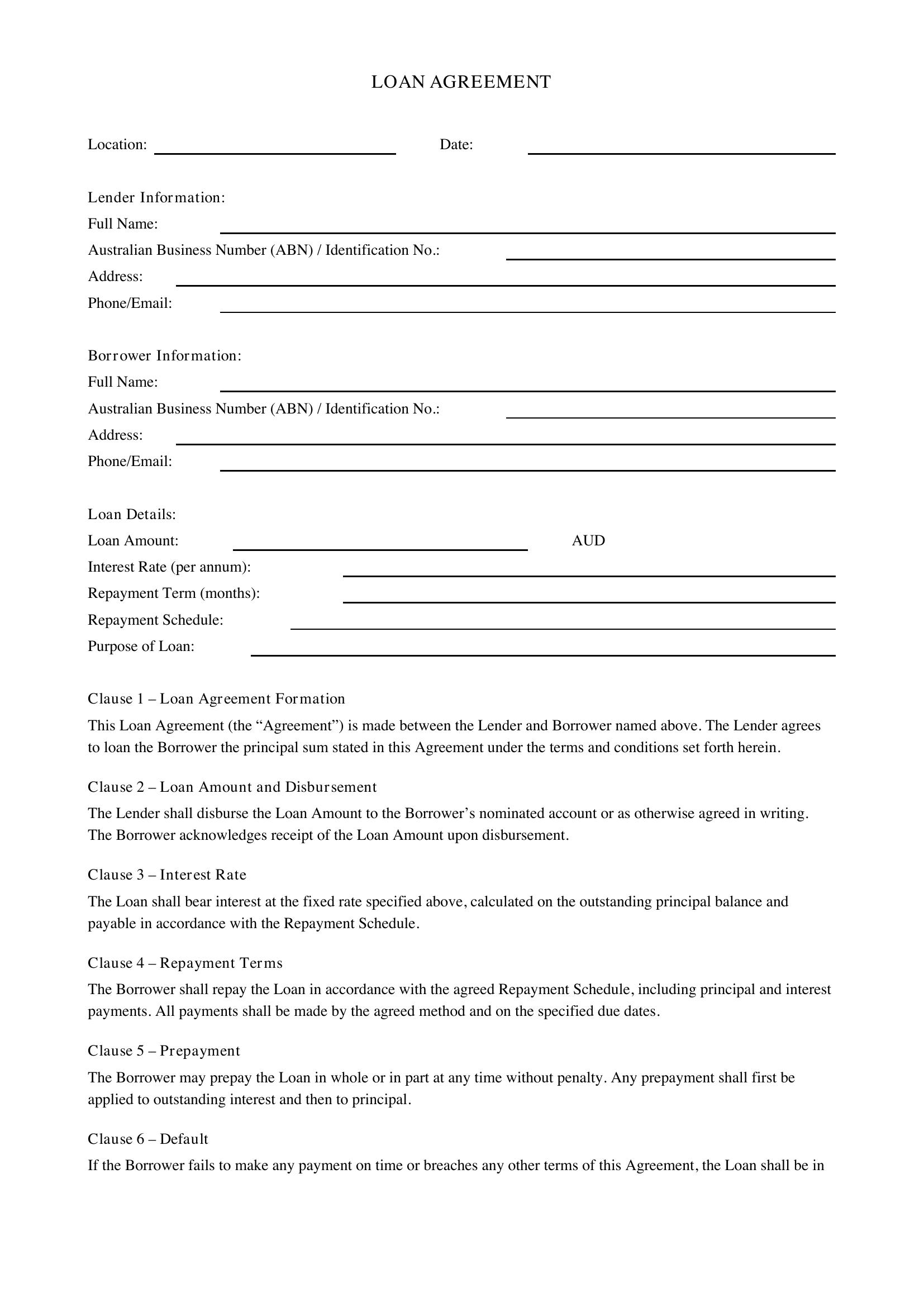 Loan Agreement Microsoft Template - Australia