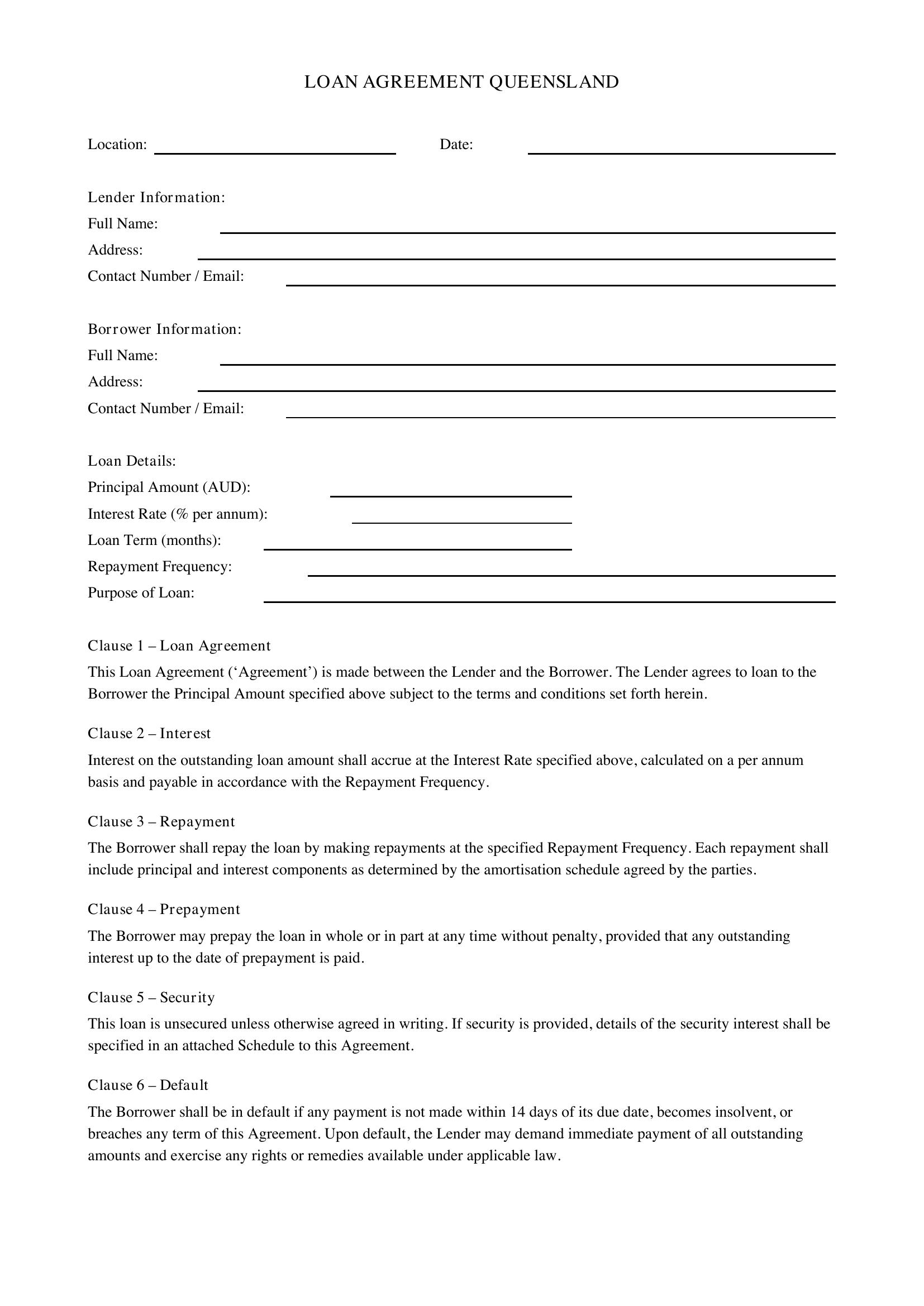 Loan Agreement Qld Template - Australia