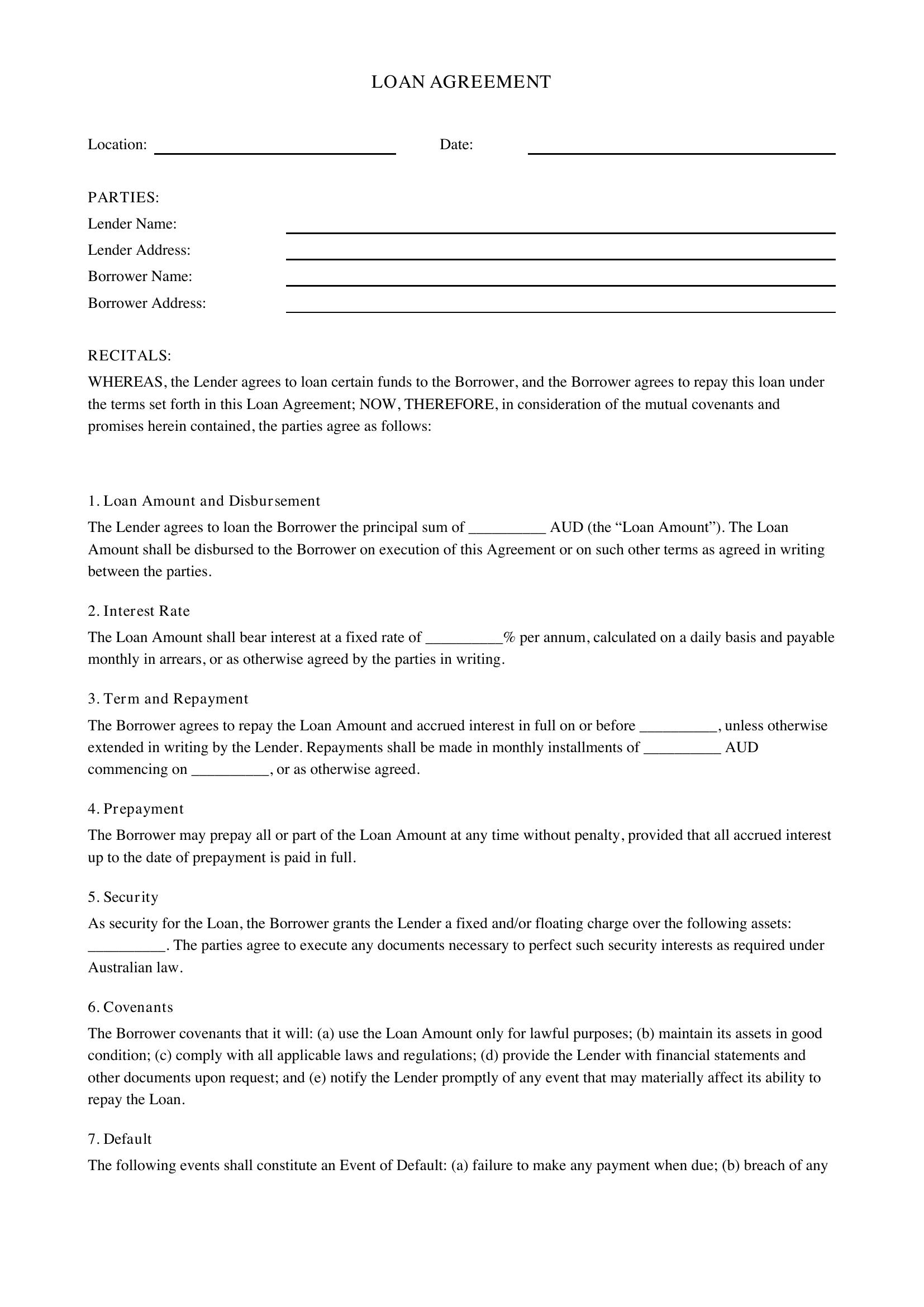 Loan Agreement Template - Australia