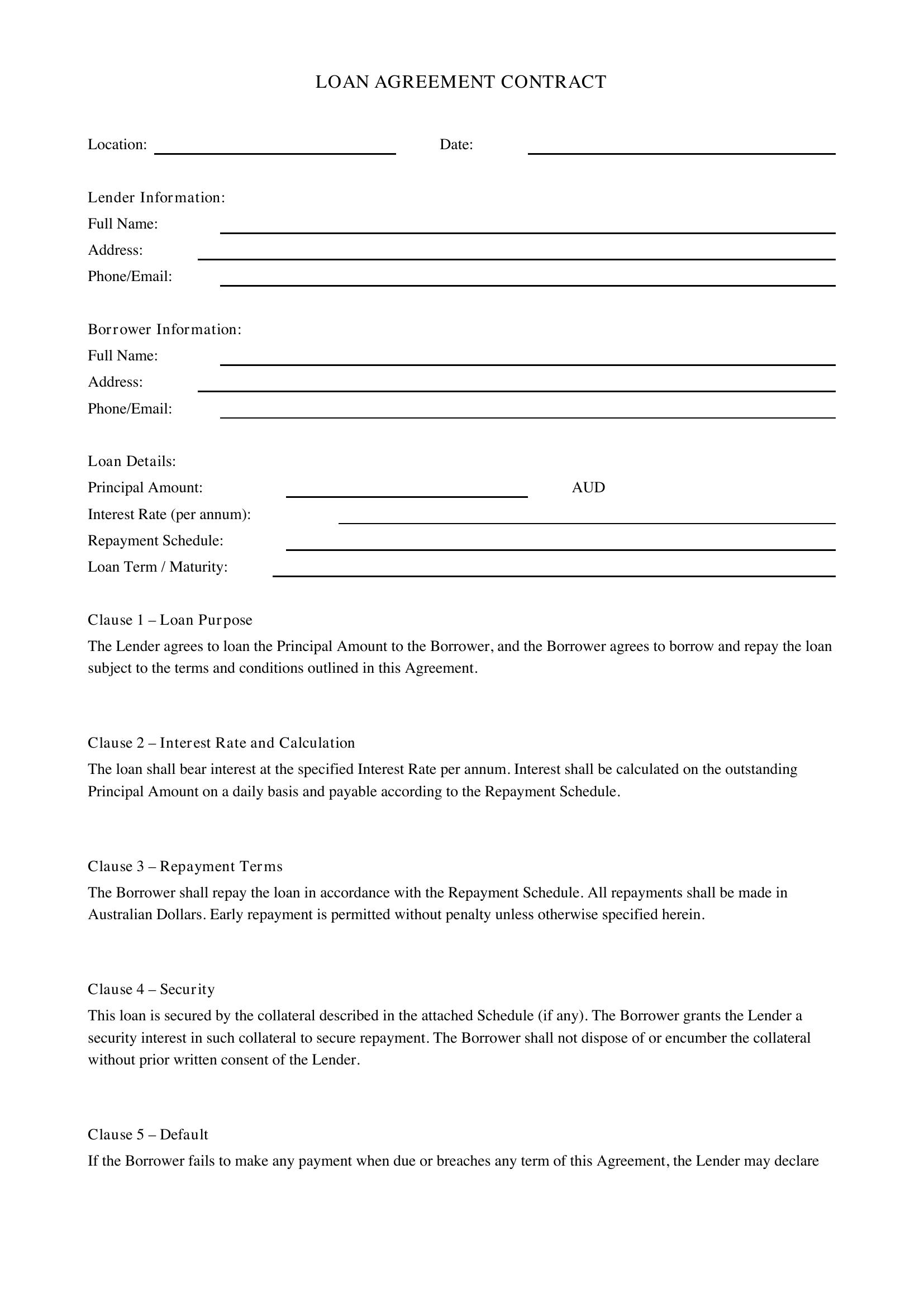 Loan Contract Template - Australia