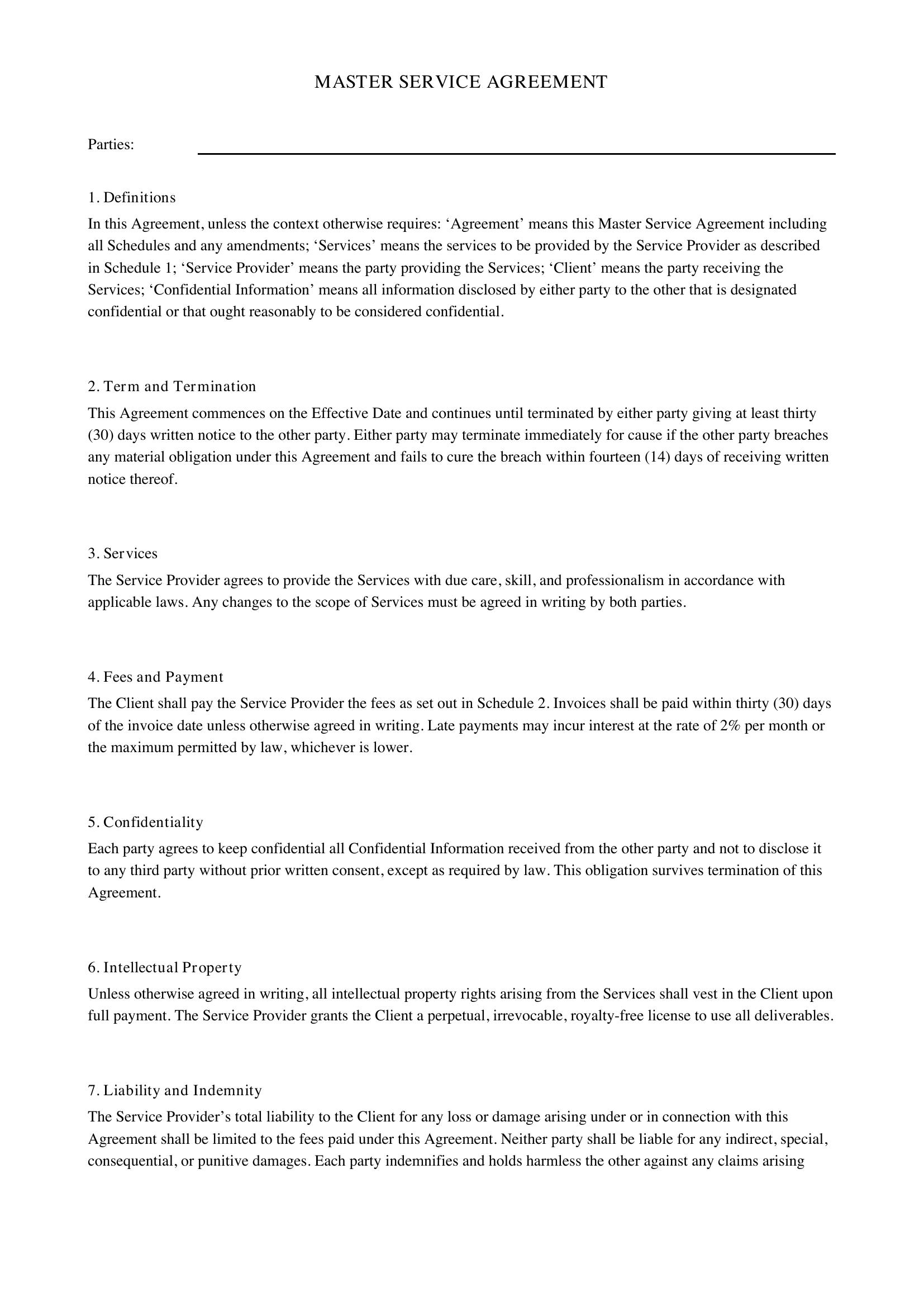 Master Service Agreement Template - Australia