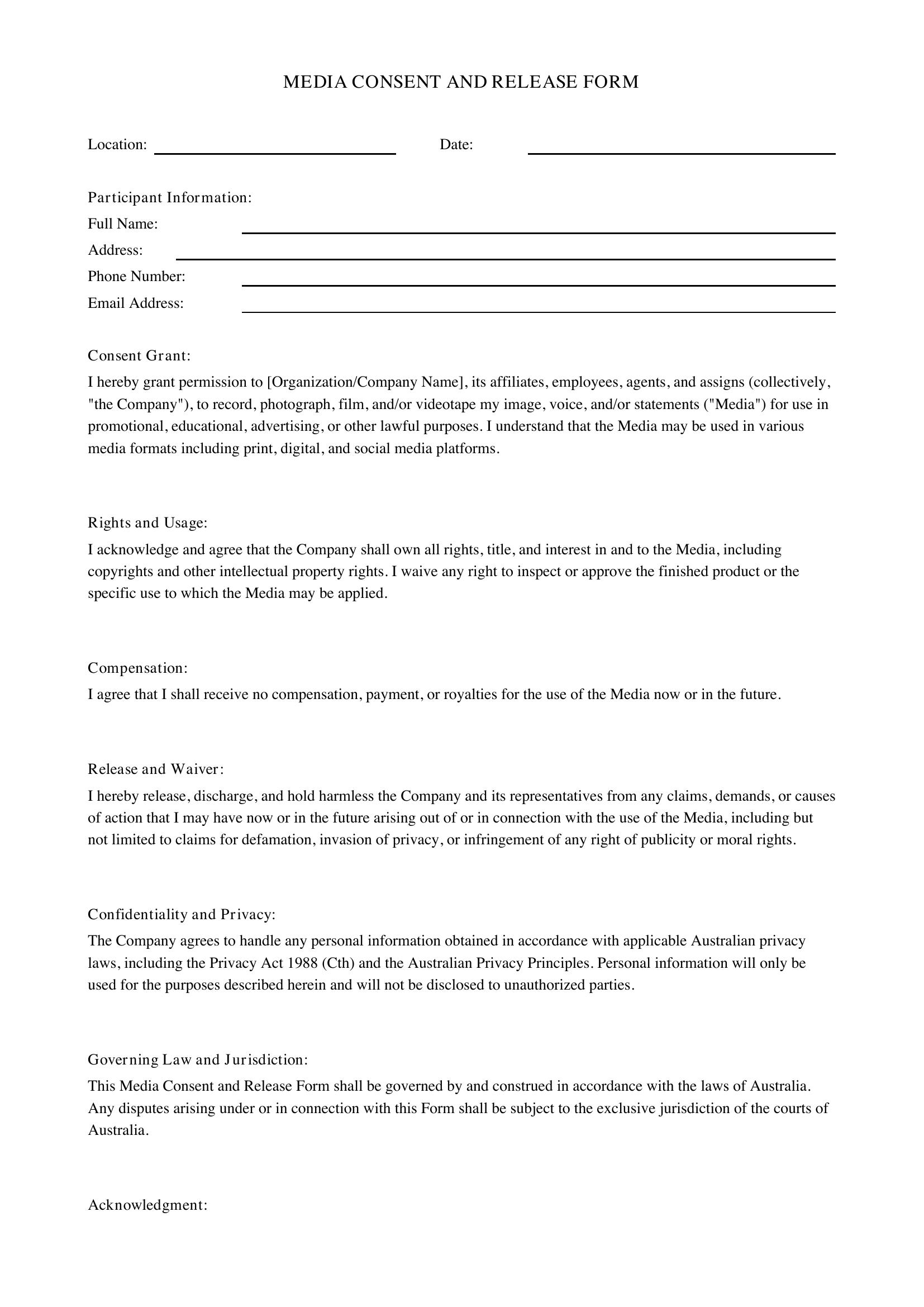 Media Consent Form Template - Australia