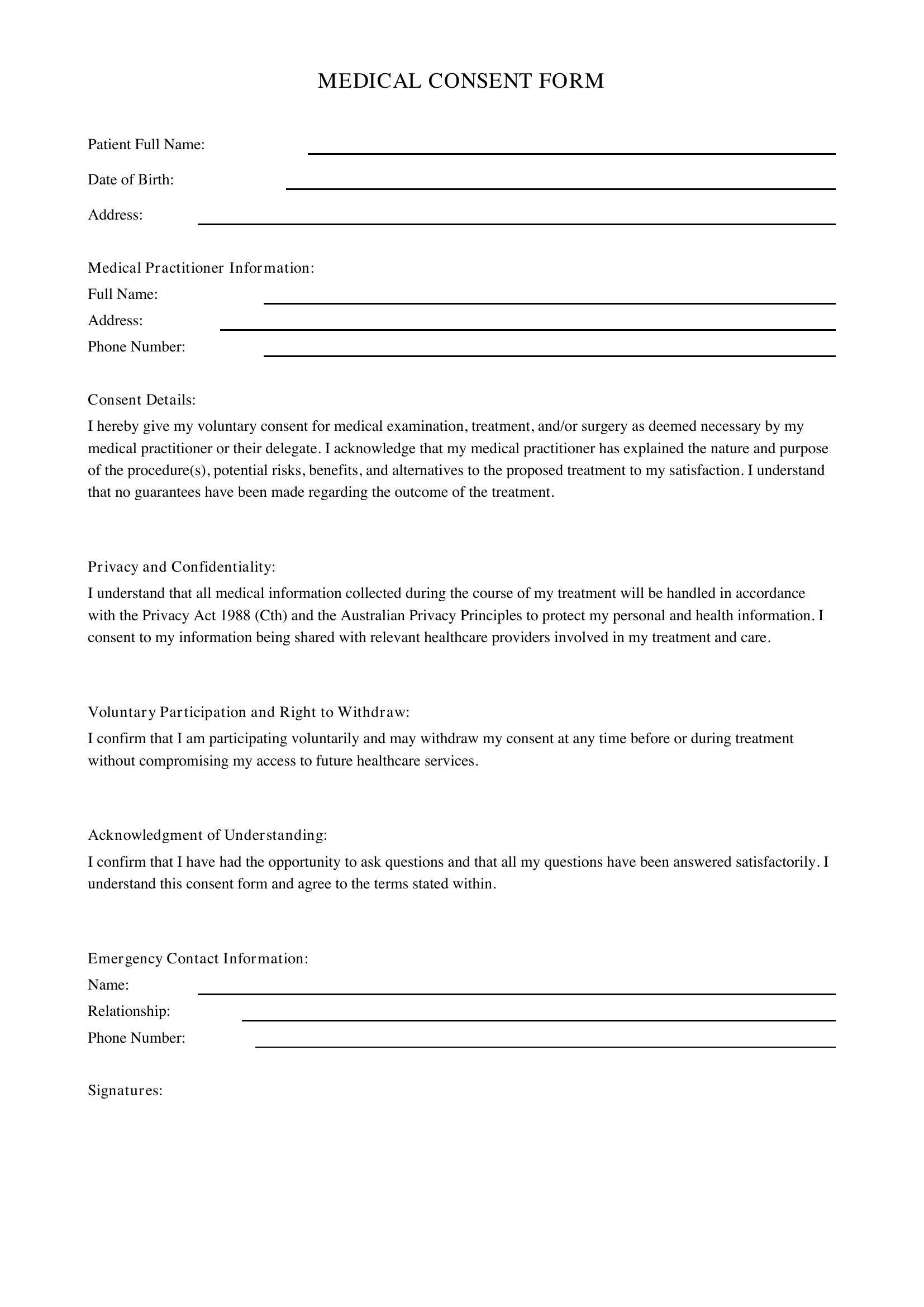 Medical Consent Form Template - Australia