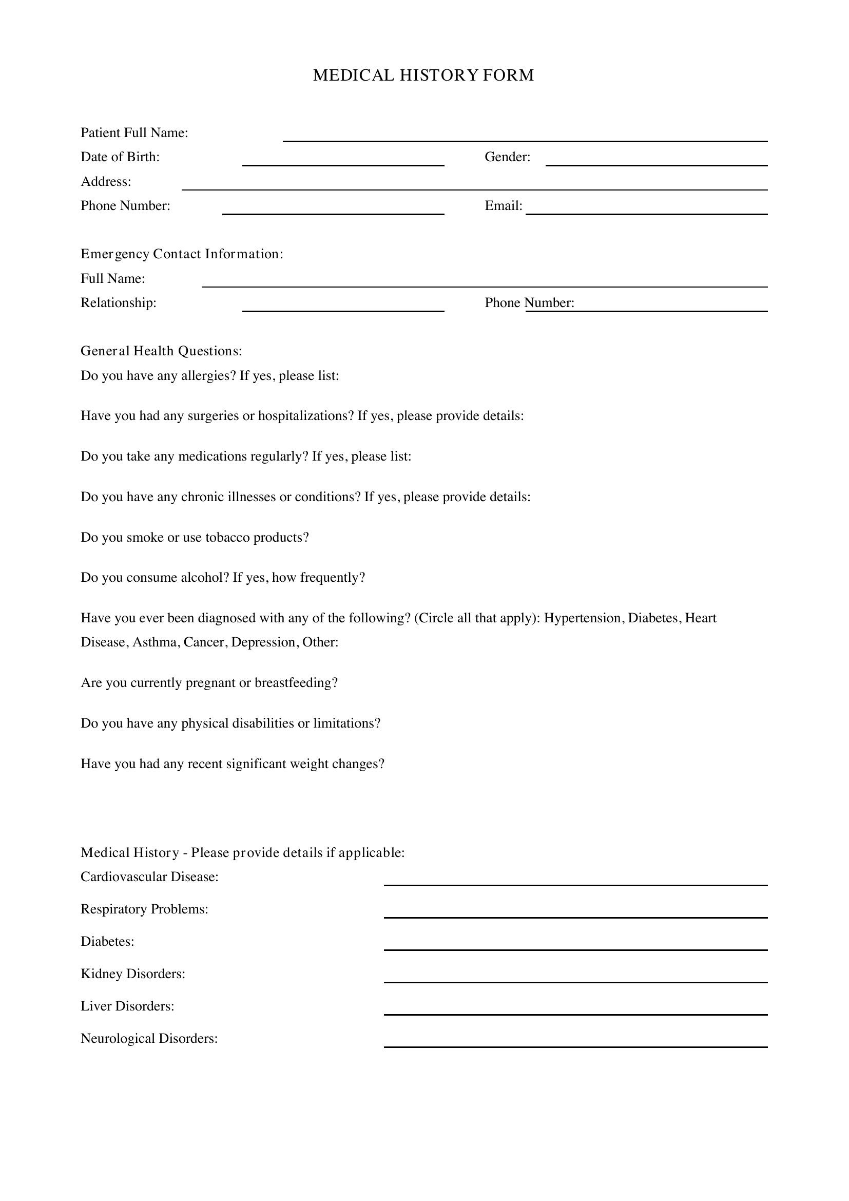 Medical History Form Template - Australia