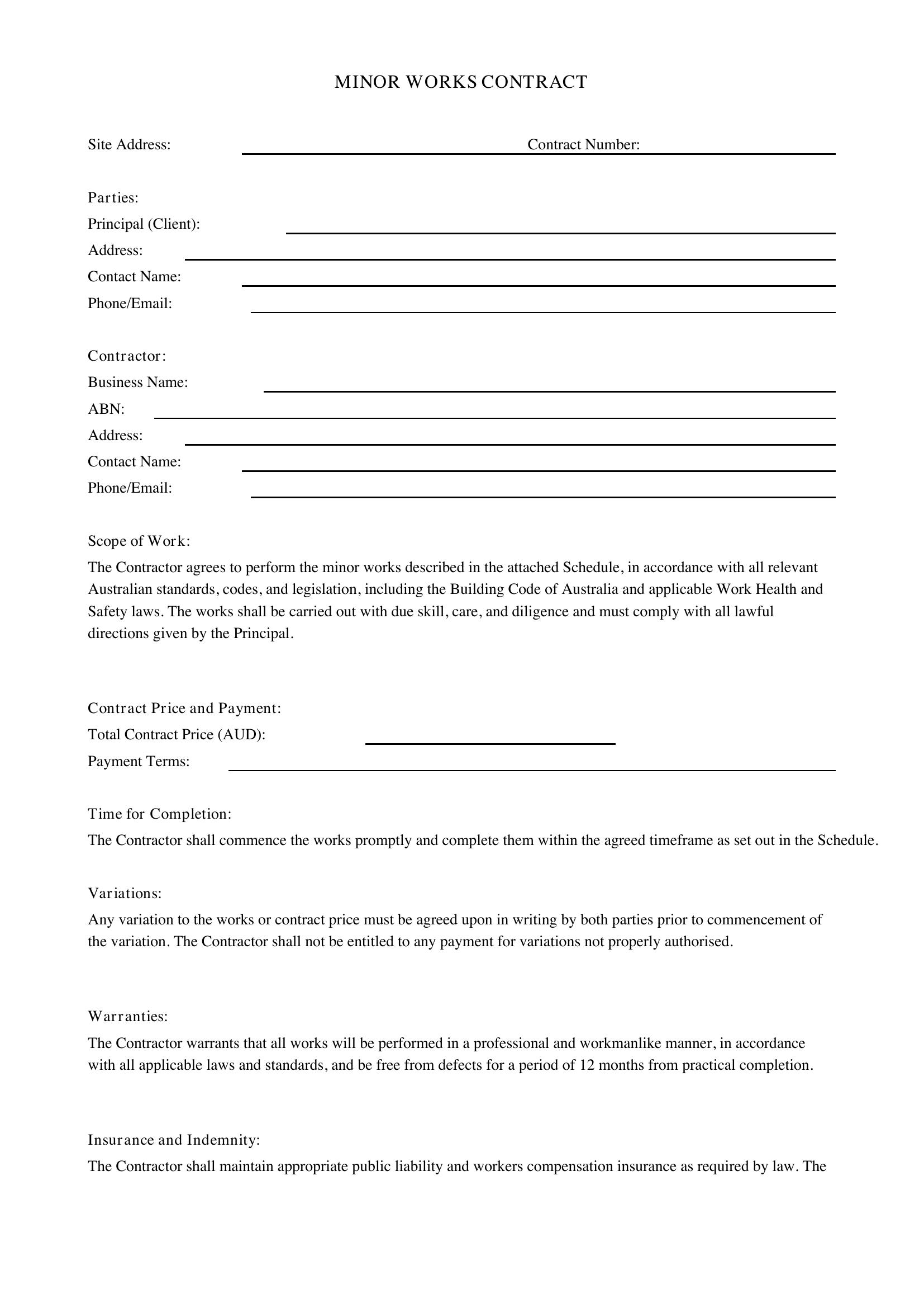 Minor Works Contract Template - Australia