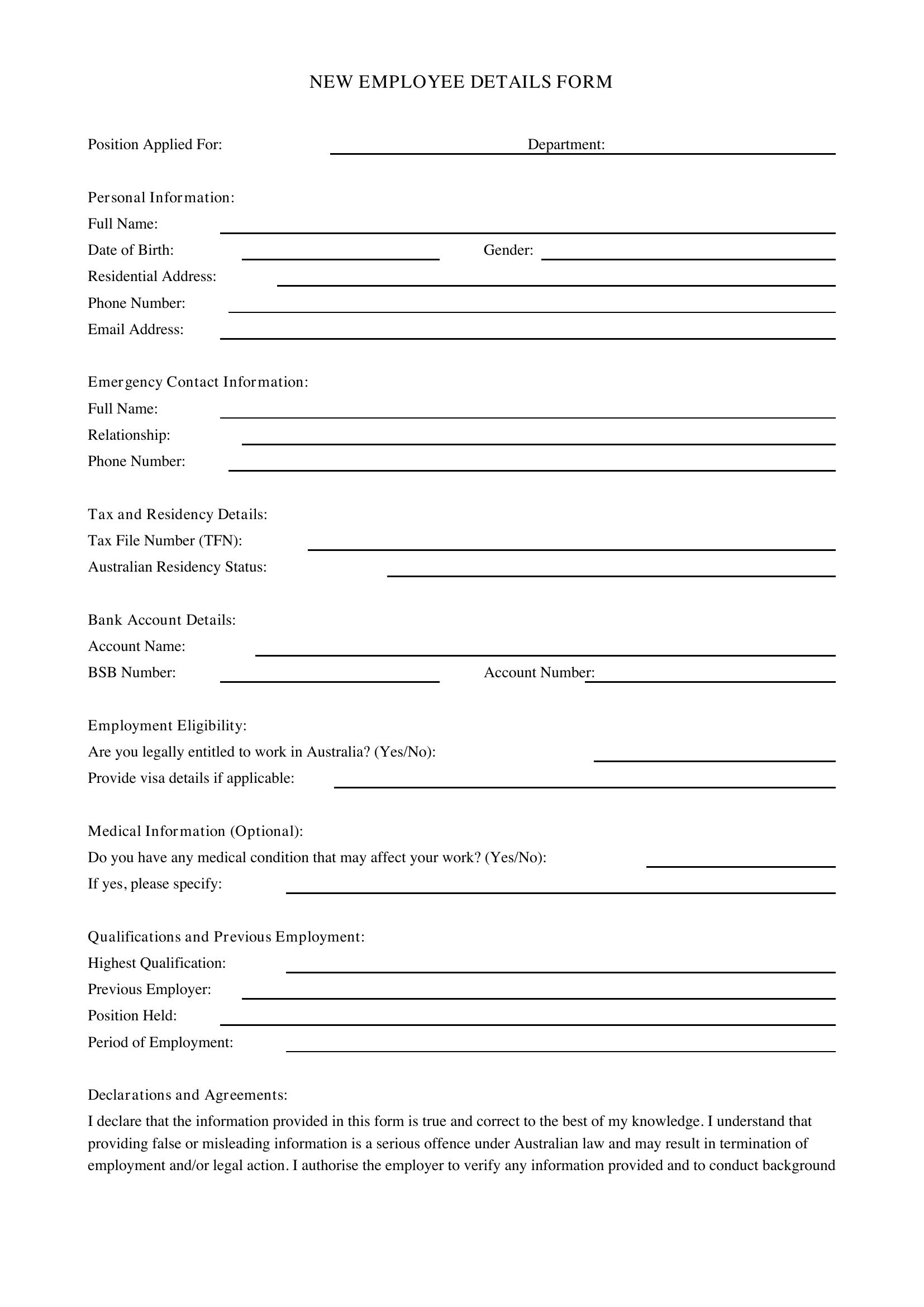 New Employee Details Form Template - Australia