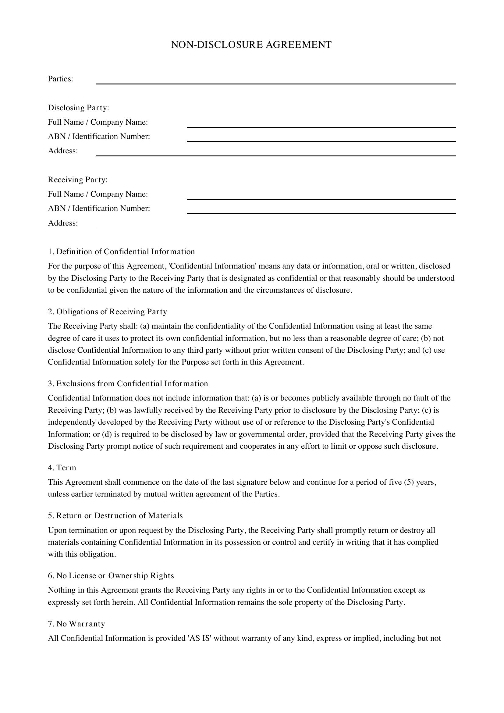 Non Disclosure Agreement Template - Australia