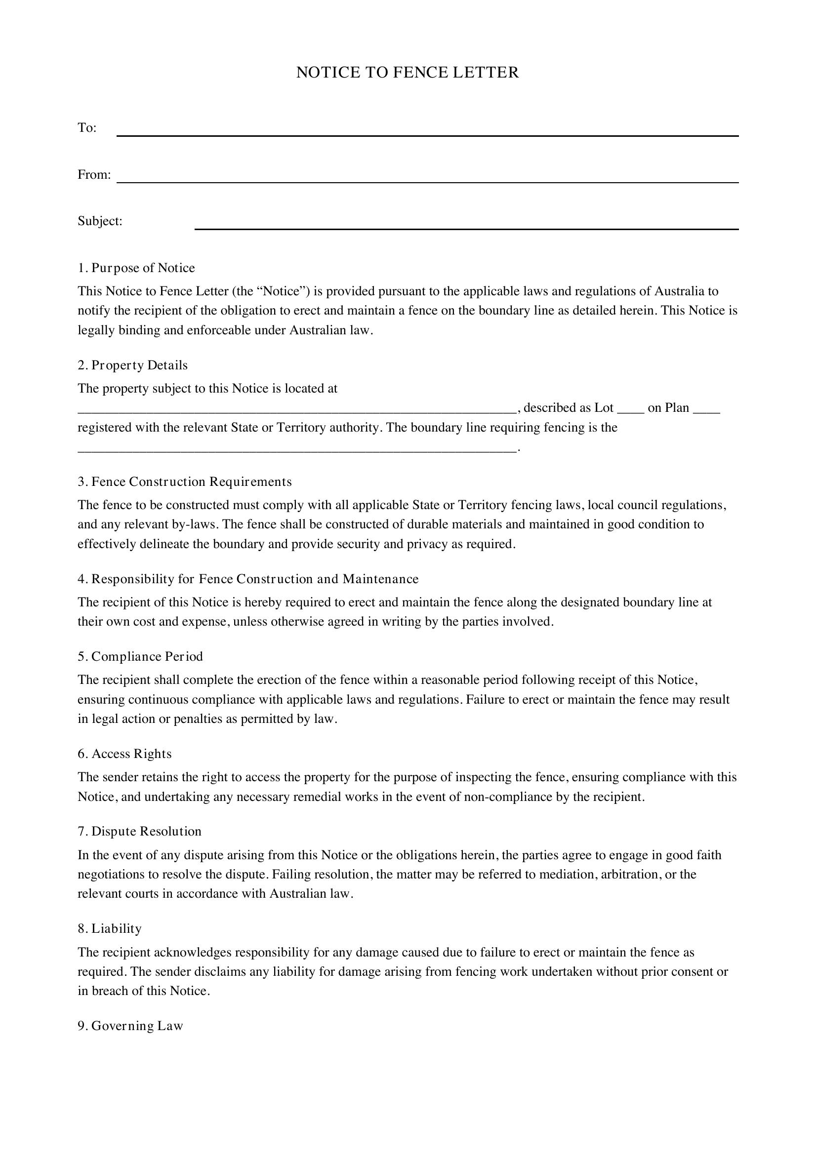 Notice To Fence Letter Template - Australia