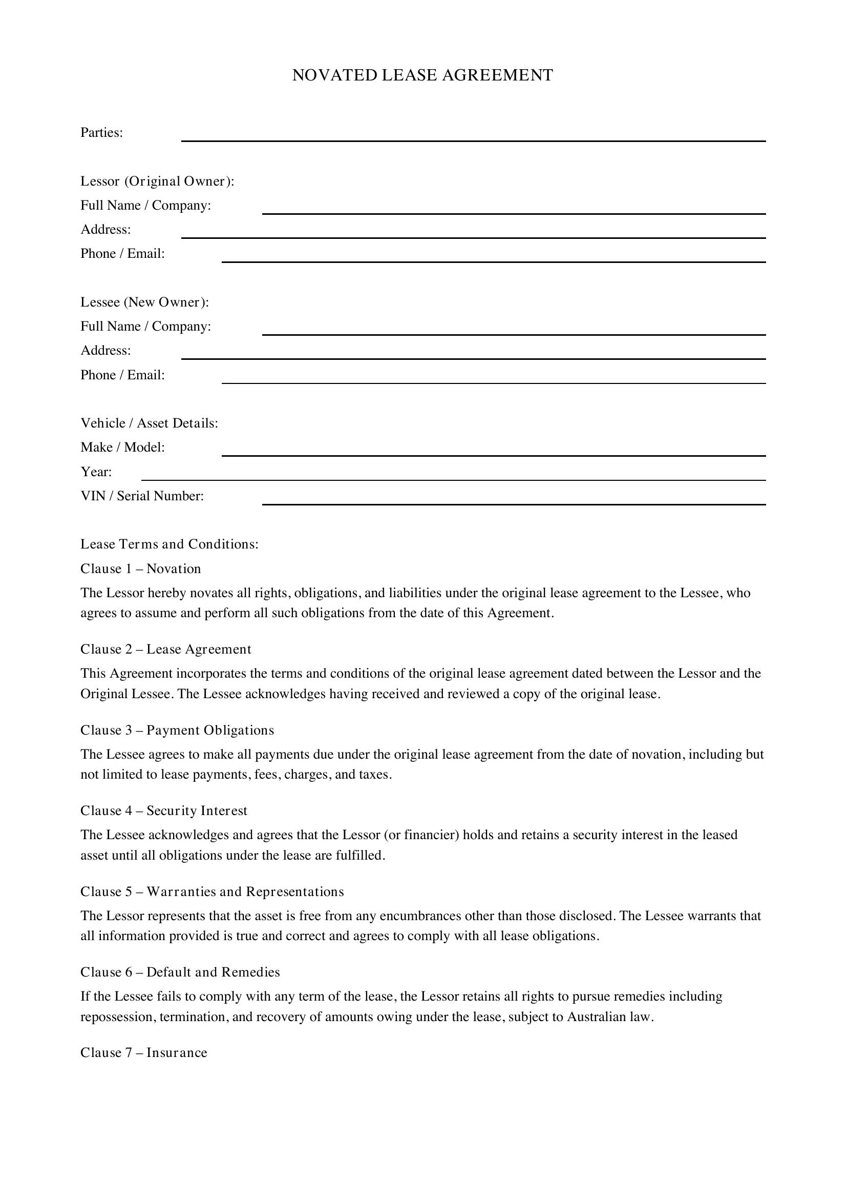 Novated Lease Agreement Template - Australia