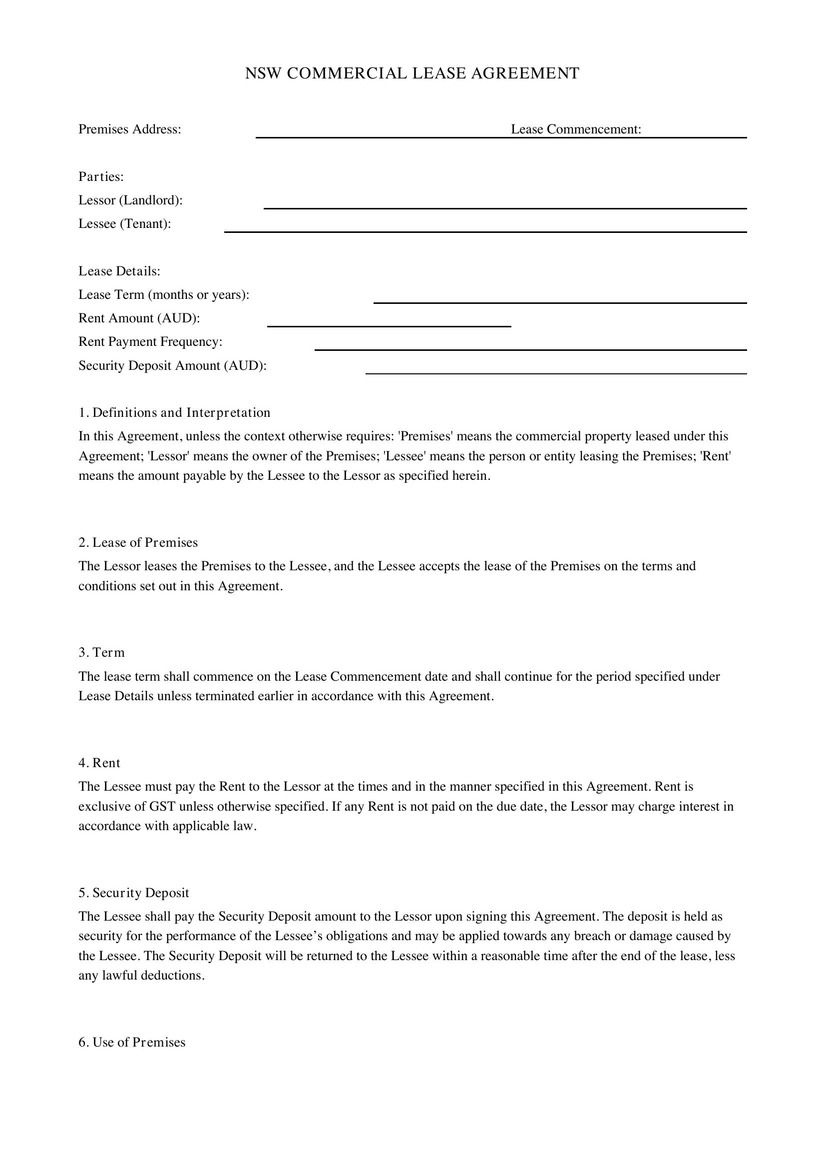 Nsw Commercial Lease Agreement Template - Australia