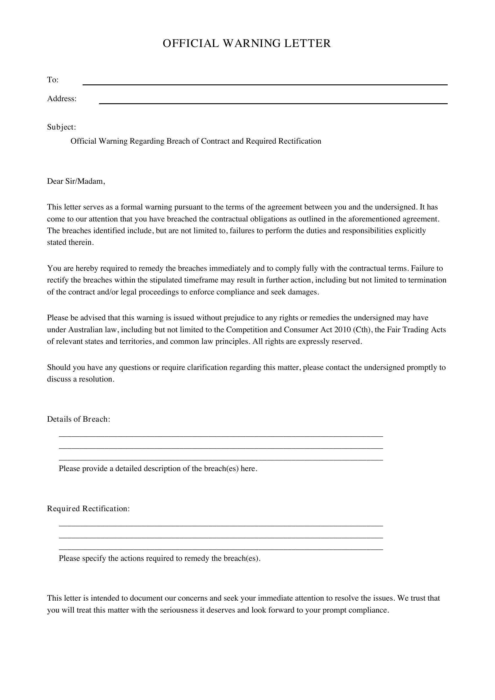 Official Warning Letter Template - Australia